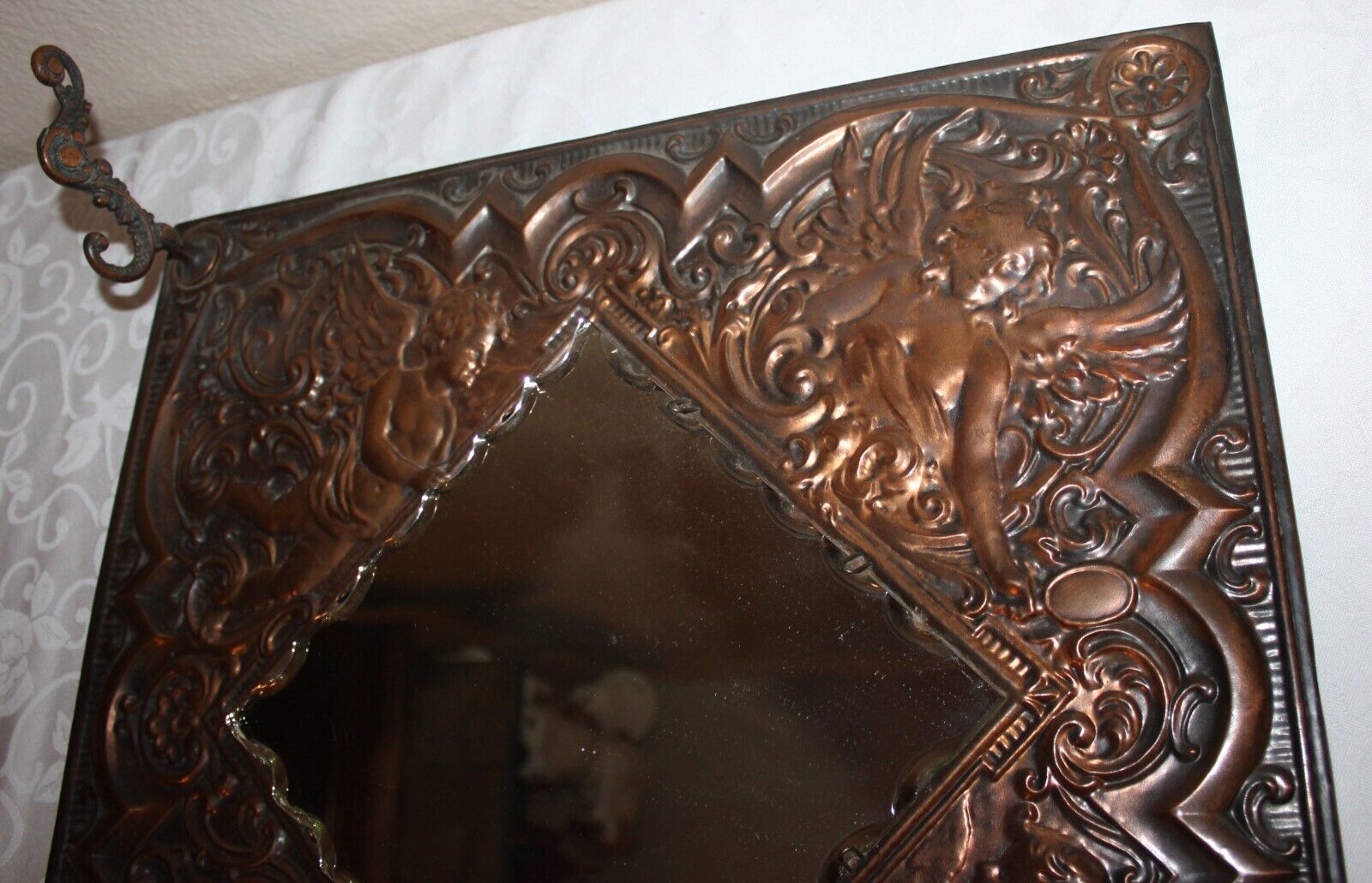 1800's Victorian Angels Cherub Relief Copper Metal Mirror