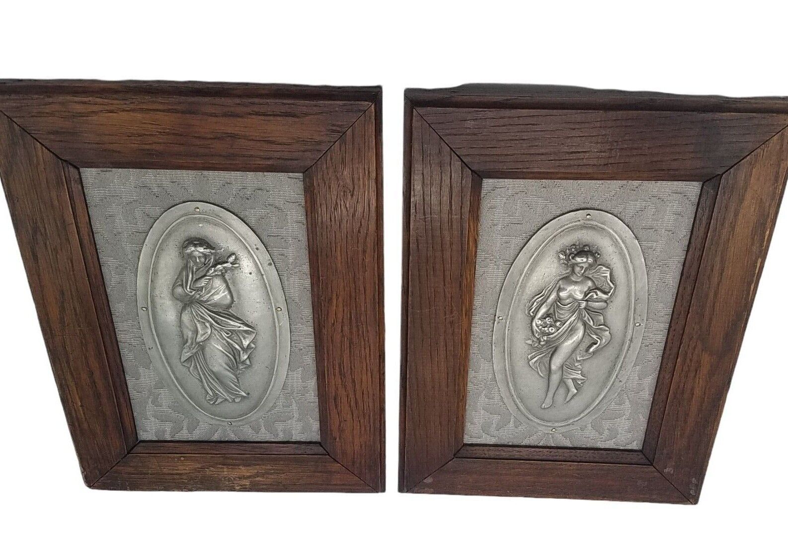 Vintage Neoclassical Women Pewter Sculptures in Wood Frame