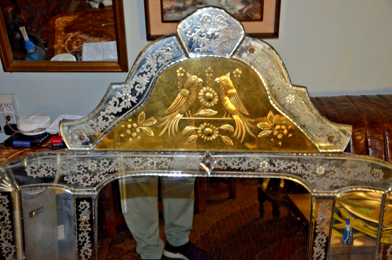 Large c1800s Venetian Etched Mirror with Gilded Highlights