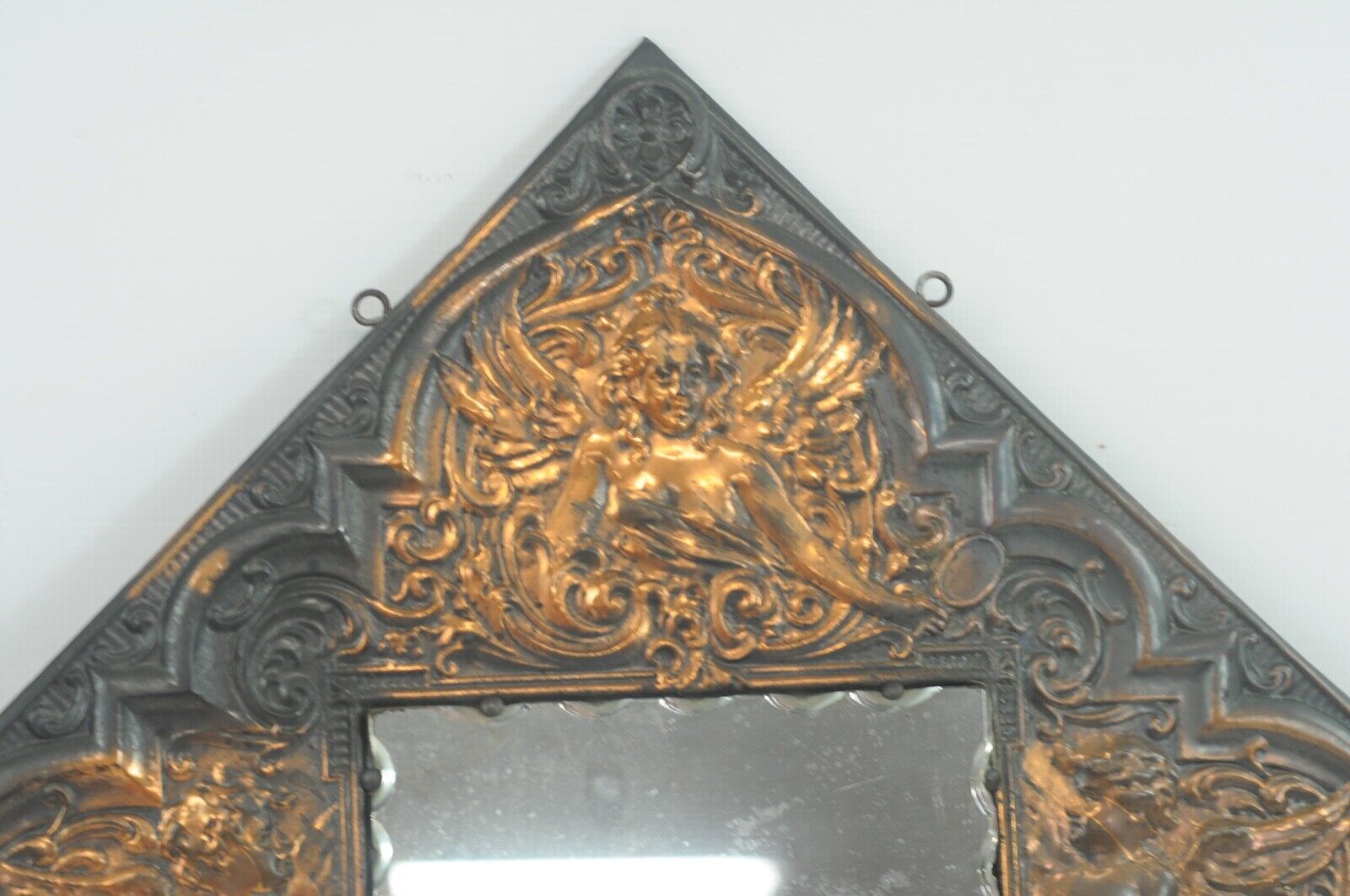1800s Beveled Wall Mirror on Copper Plaque Cherubs