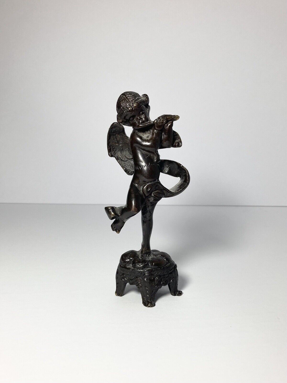 French Cherub Playing Flute Bronze Statuette 5.75