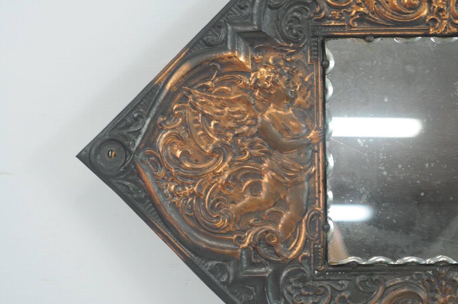 1800s Beveled Wall Mirror on Copper Plaque Cherubs