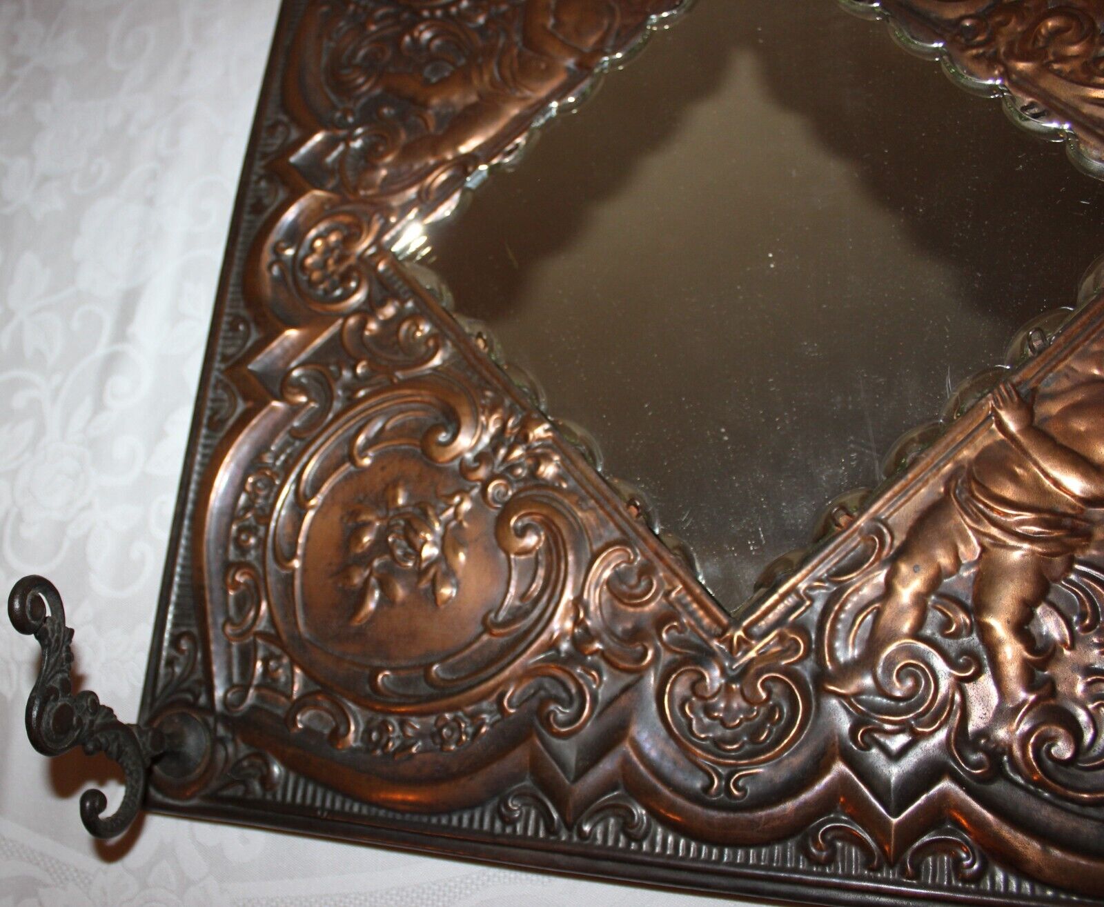 1800's Victorian Angels Cherub Relief Copper Metal Mirror