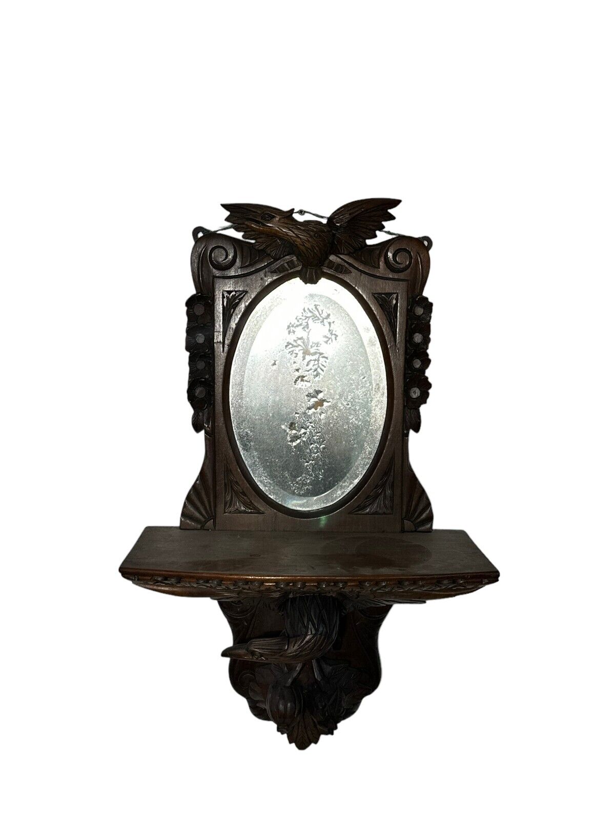 Black Forest Mirror with Full Eagles, Walnut Frame