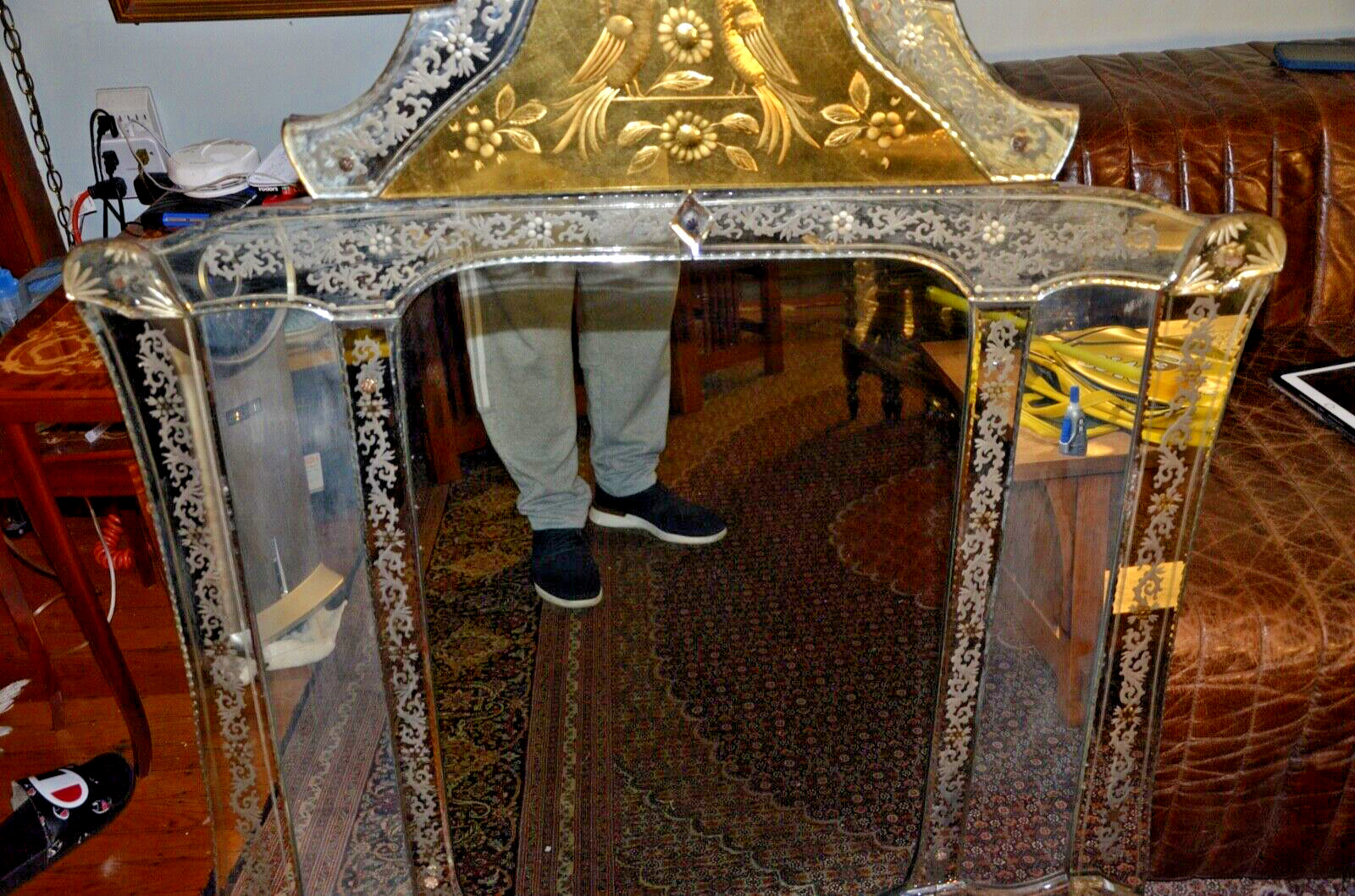 Large c1800s Venetian Etched Mirror with Gilded Highlights