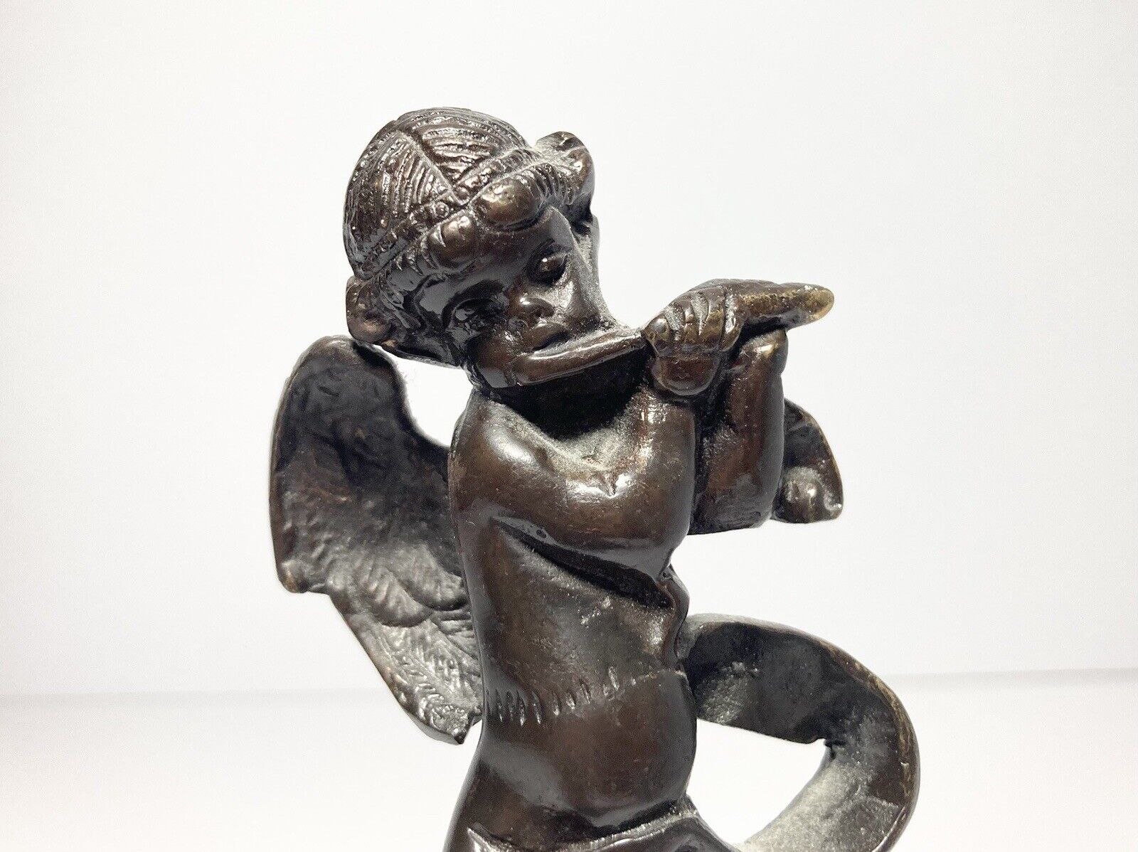 French Cherub Playing Flute Bronze Statuette 5.75