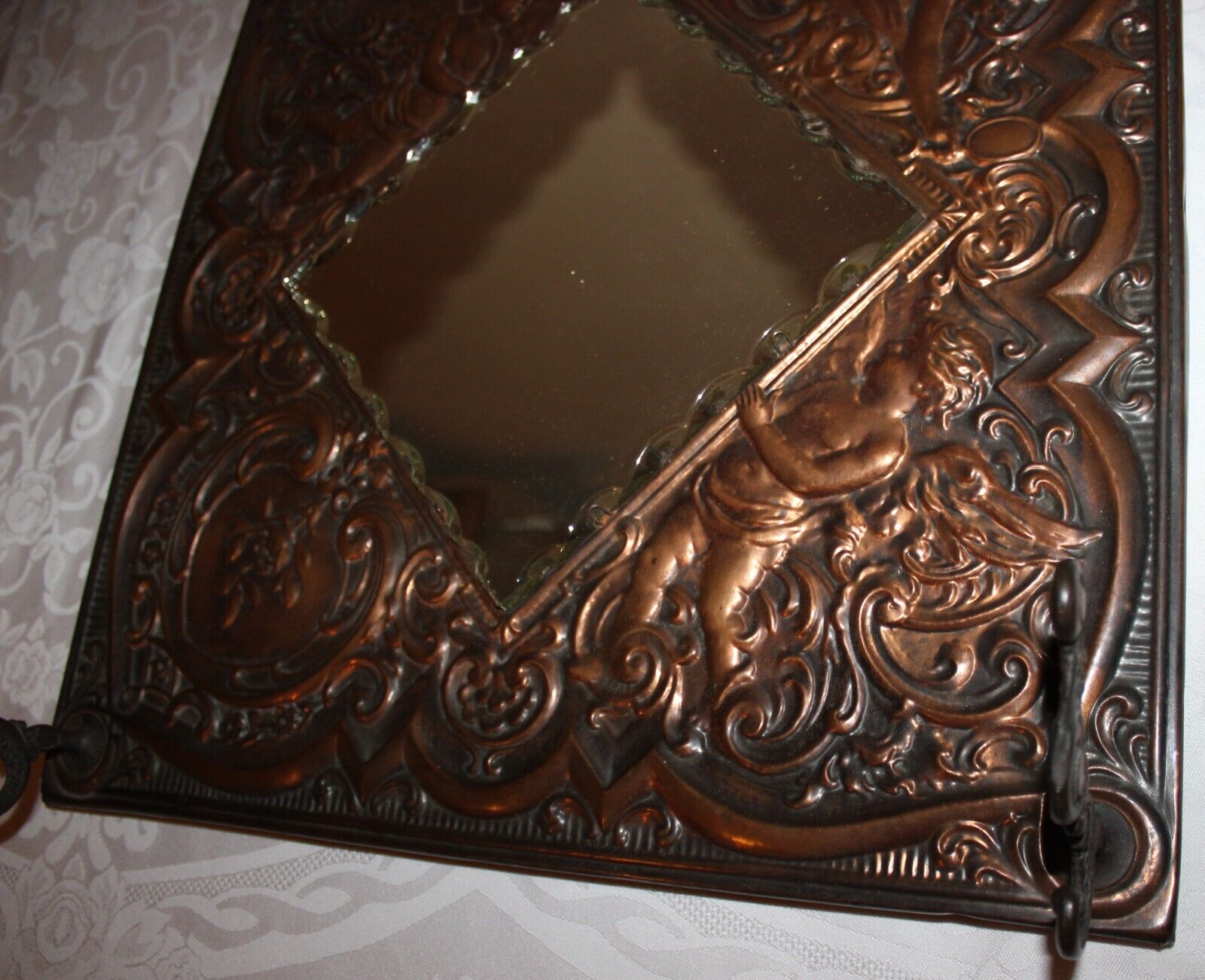 1800's Victorian Angels Cherub Relief Copper Metal Mirror
