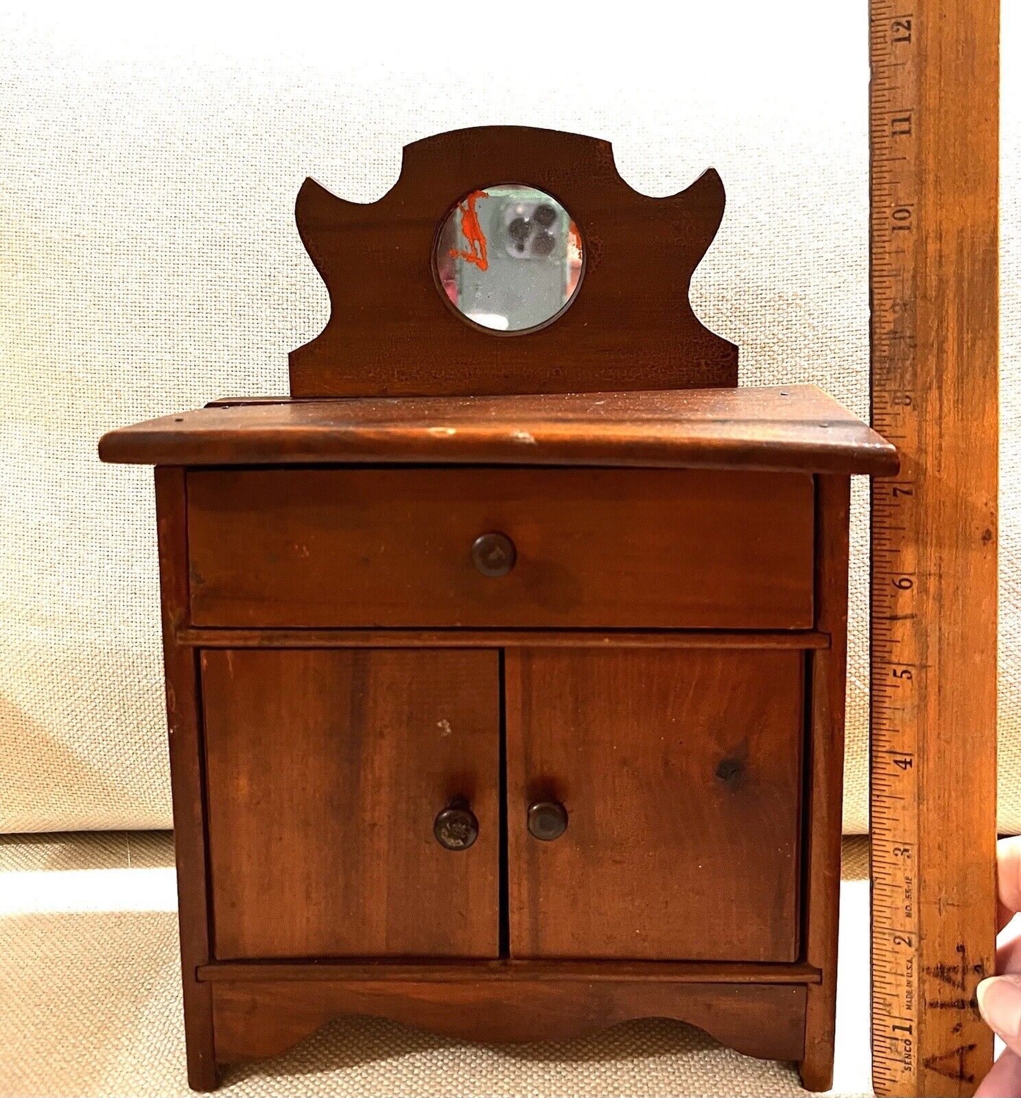 1800s Rustic Pine Salesman Sample Wash Stand with Mirror