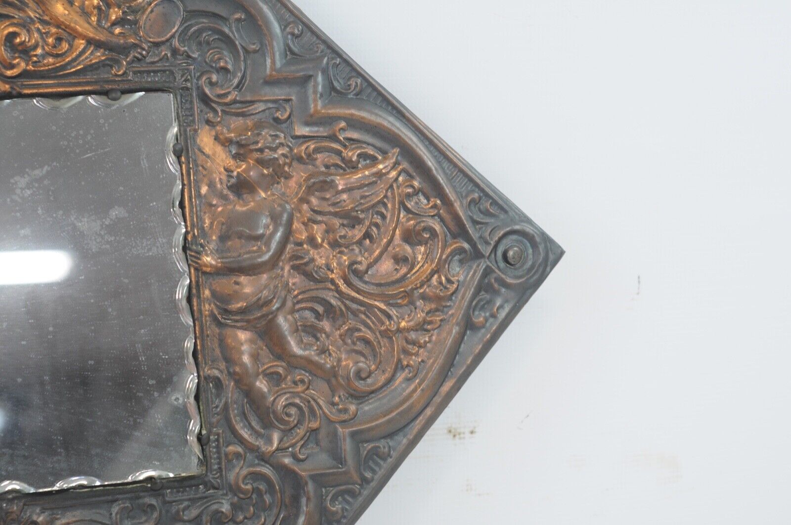 1800s Beveled Wall Mirror on Copper Plaque Cherubs