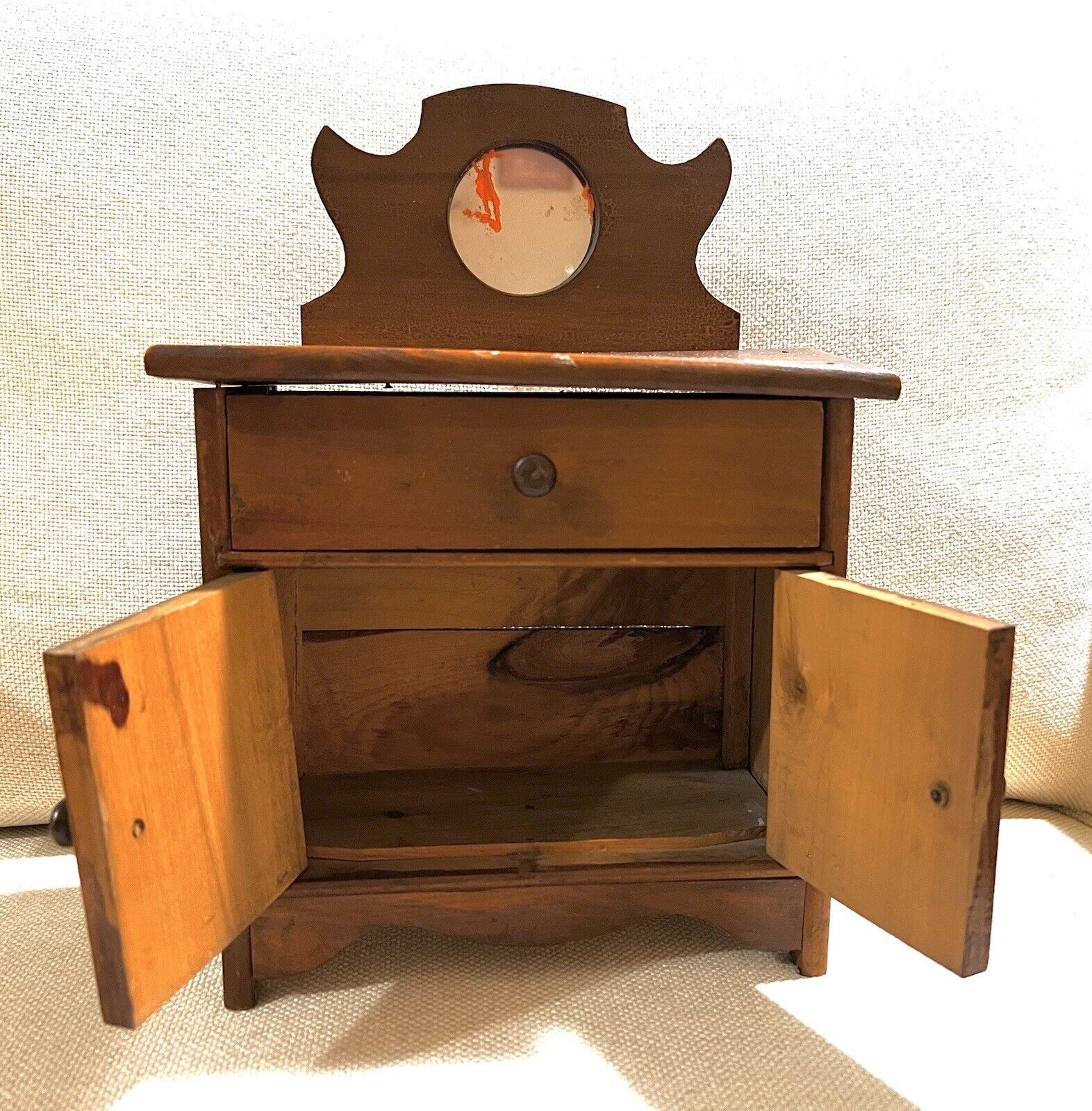 1800s Rustic Pine Salesman Sample Wash Stand with Mirror