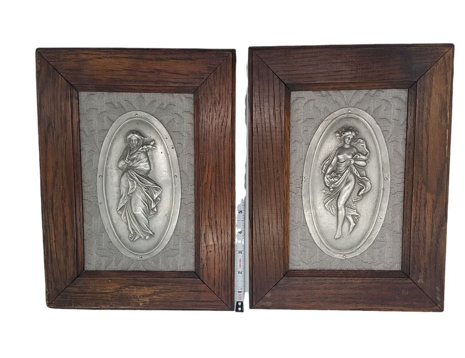 Vintage Neoclassical Women Pewter Sculptures in Wood Frame