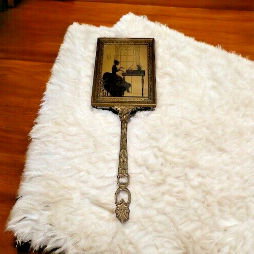 Late 1800's Victorian Brass Handle Mirror with Framed Picture