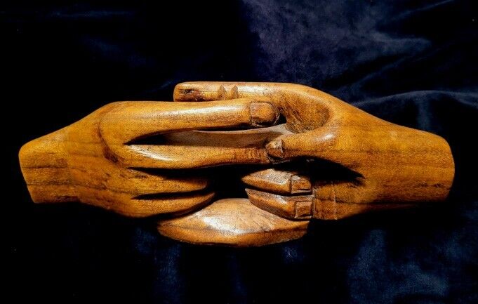 Rare Antique Secret Society Handshake Wood Sculpture—Occult Folk Art