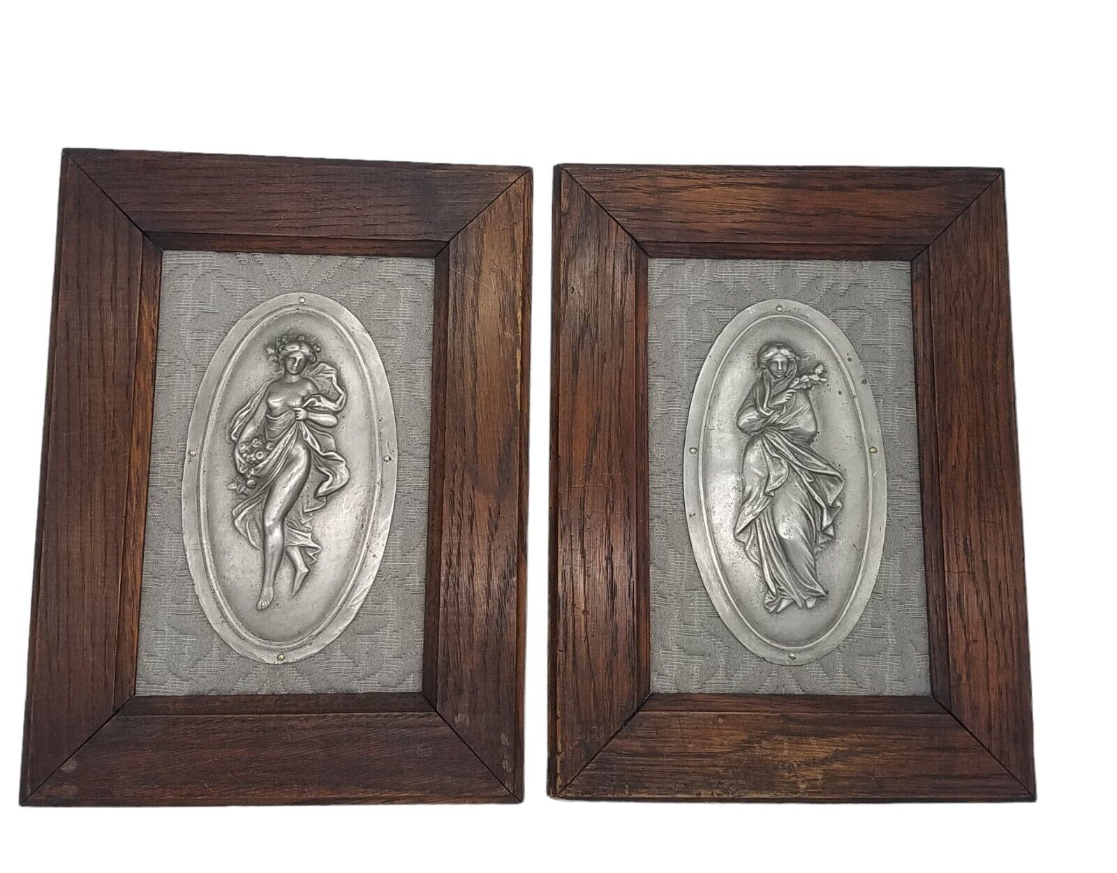 Vintage Neoclassical Women Pewter Sculptures in Wood Frame