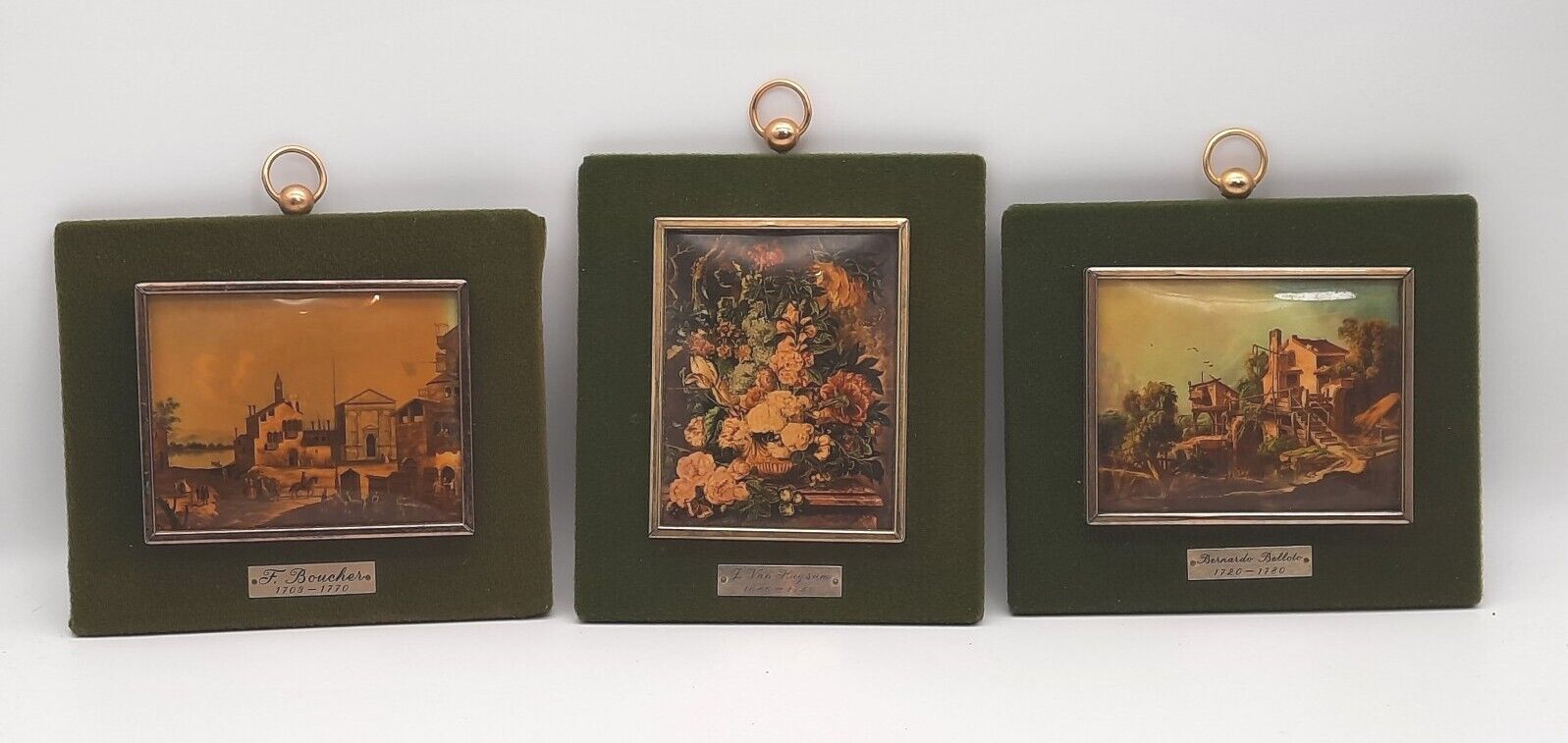 1700s Colored Prints in Green Felt Frames Trio