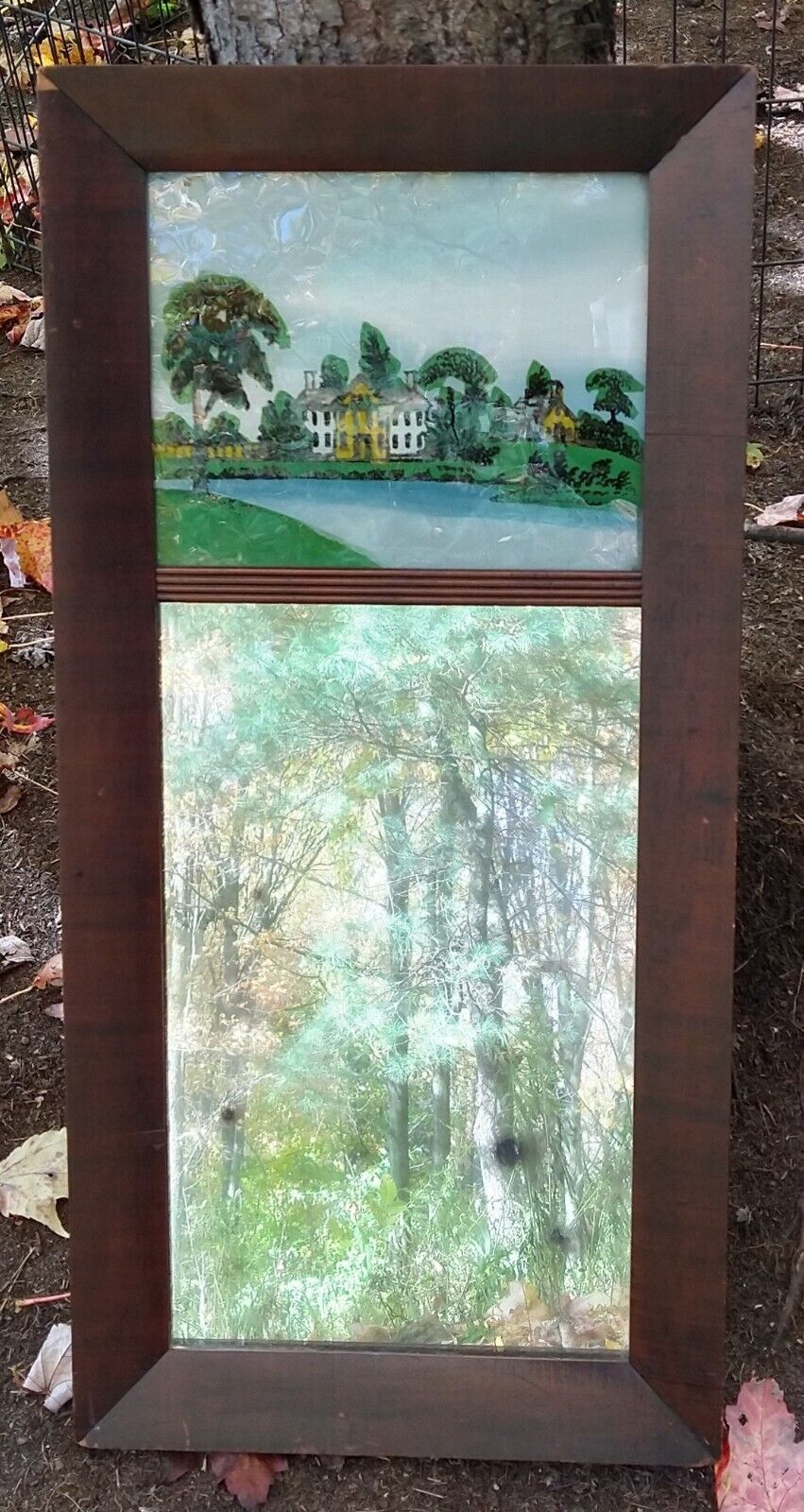 Vintage Split Column Mirror Reverse Painting, Mid 1800s