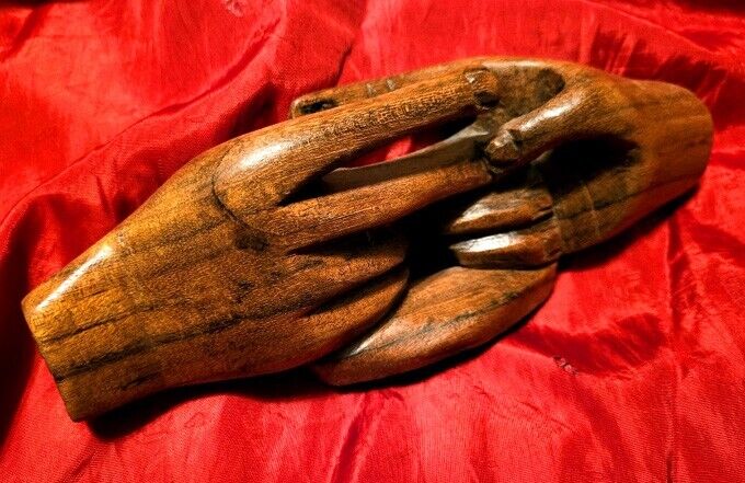 Rare Antique Secret Society Handshake Wood Sculpture—Occult Folk Art