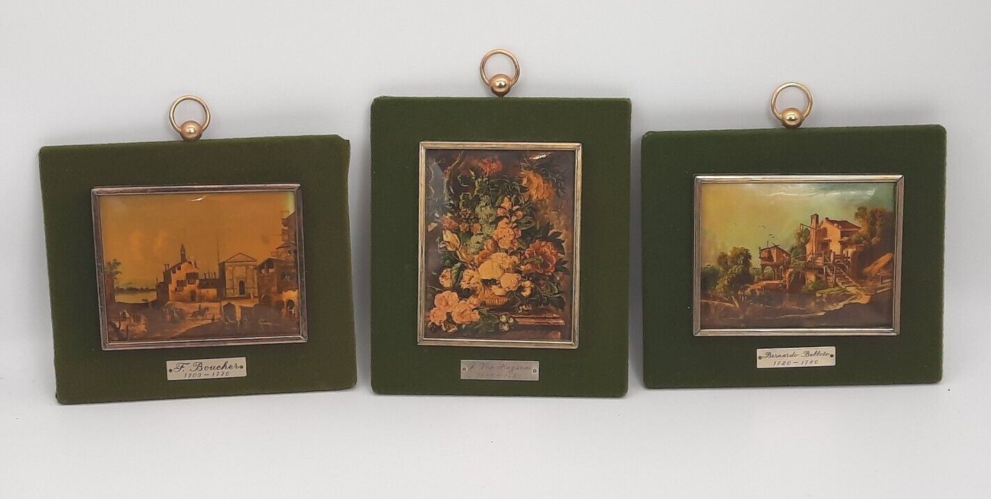 1700s Colored Prints in Green Felt Frames Trio