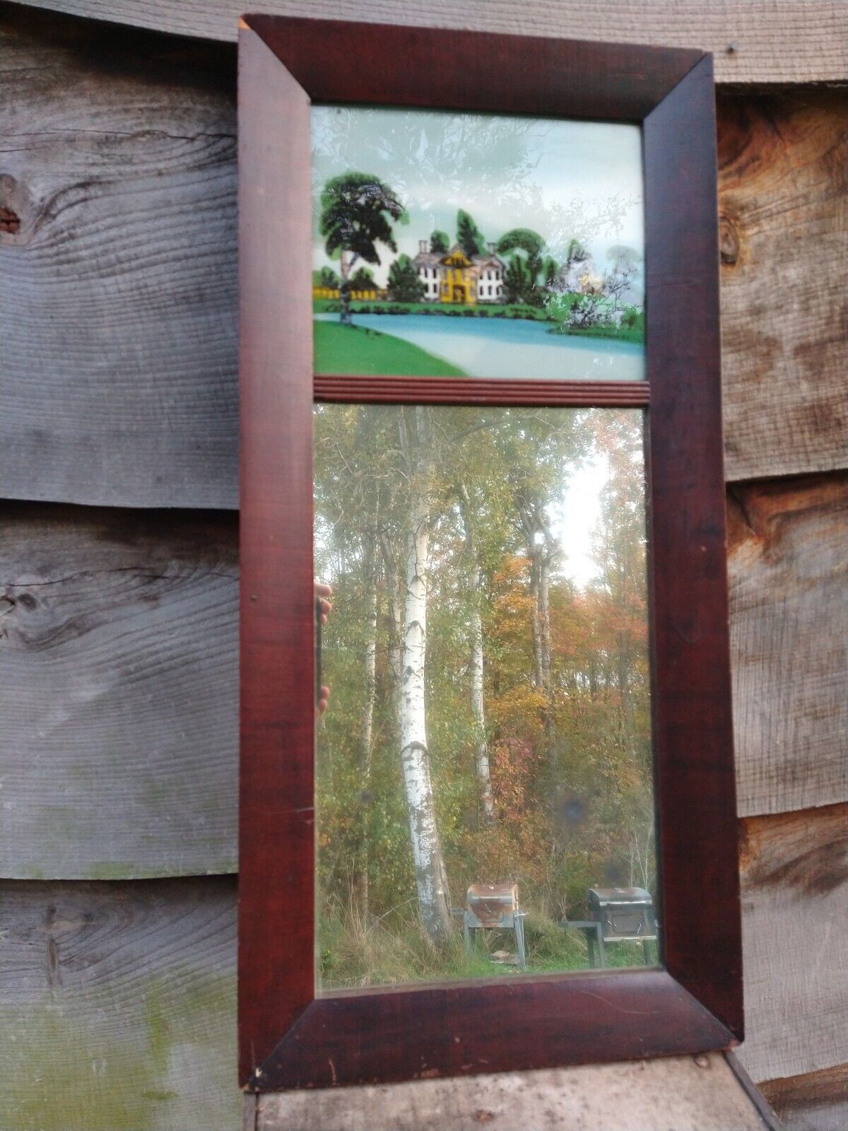Vintage Split Column Mirror Reverse Painting, Mid 1800s