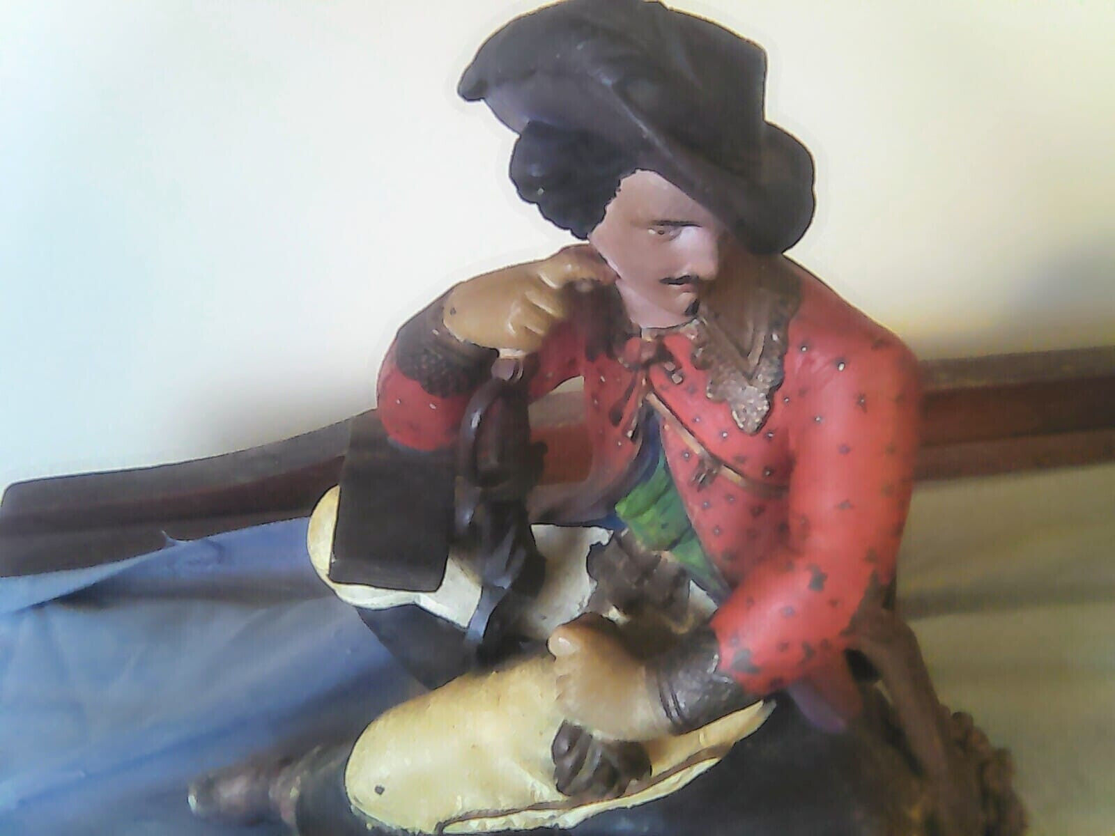 Antique Hand Painted Metal Statue Soldier with Mandolin