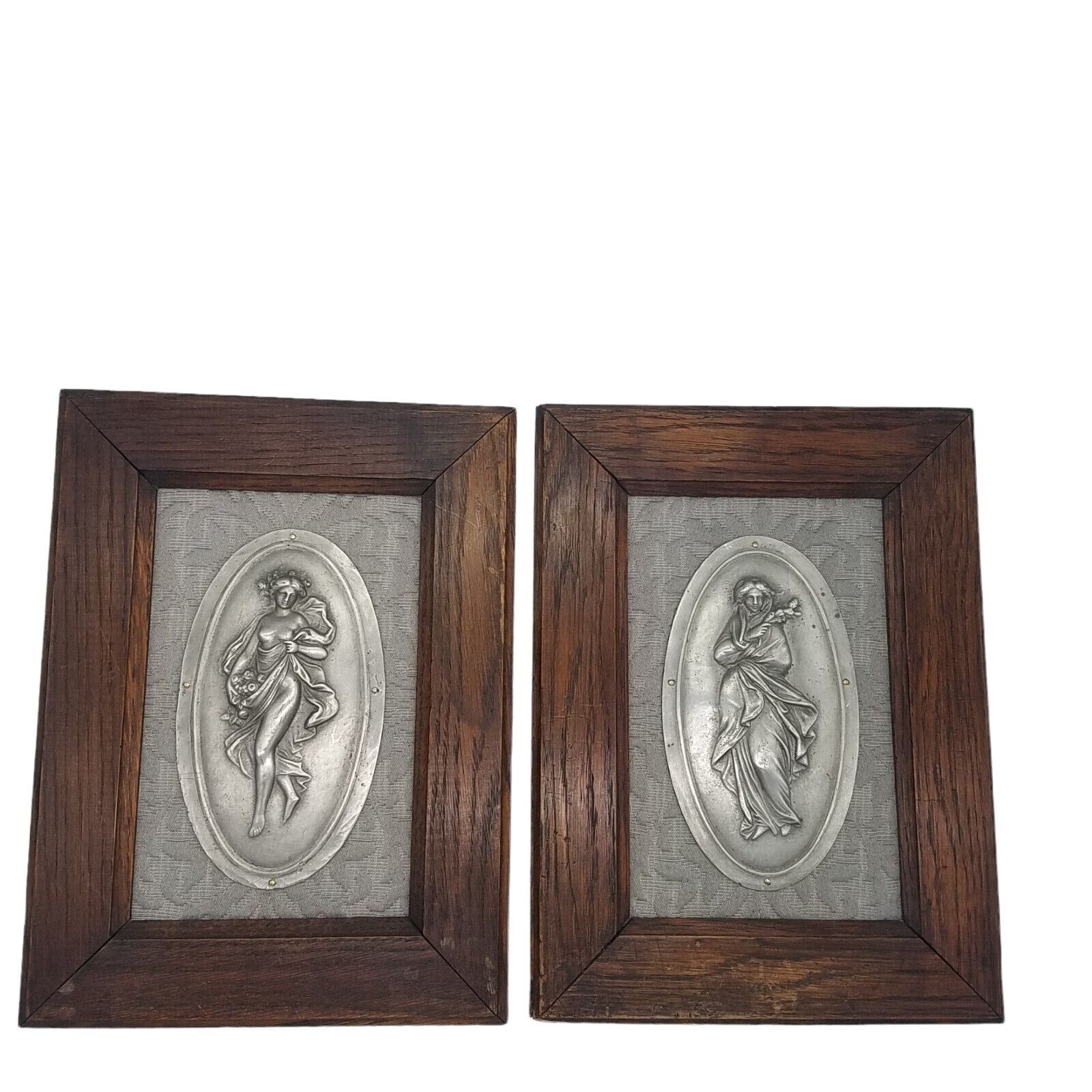 Vintage Neoclassical Women Pewter Sculptures in Wood Frame