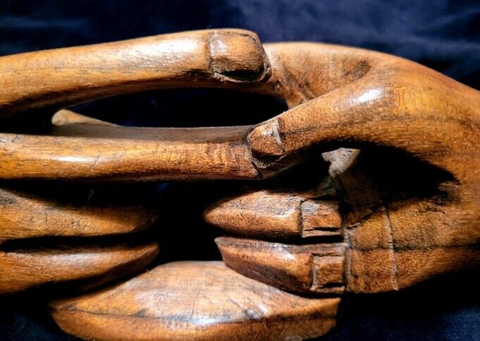 Rare Antique Secret Society Handshake Wood Sculpture—Occult Folk Art