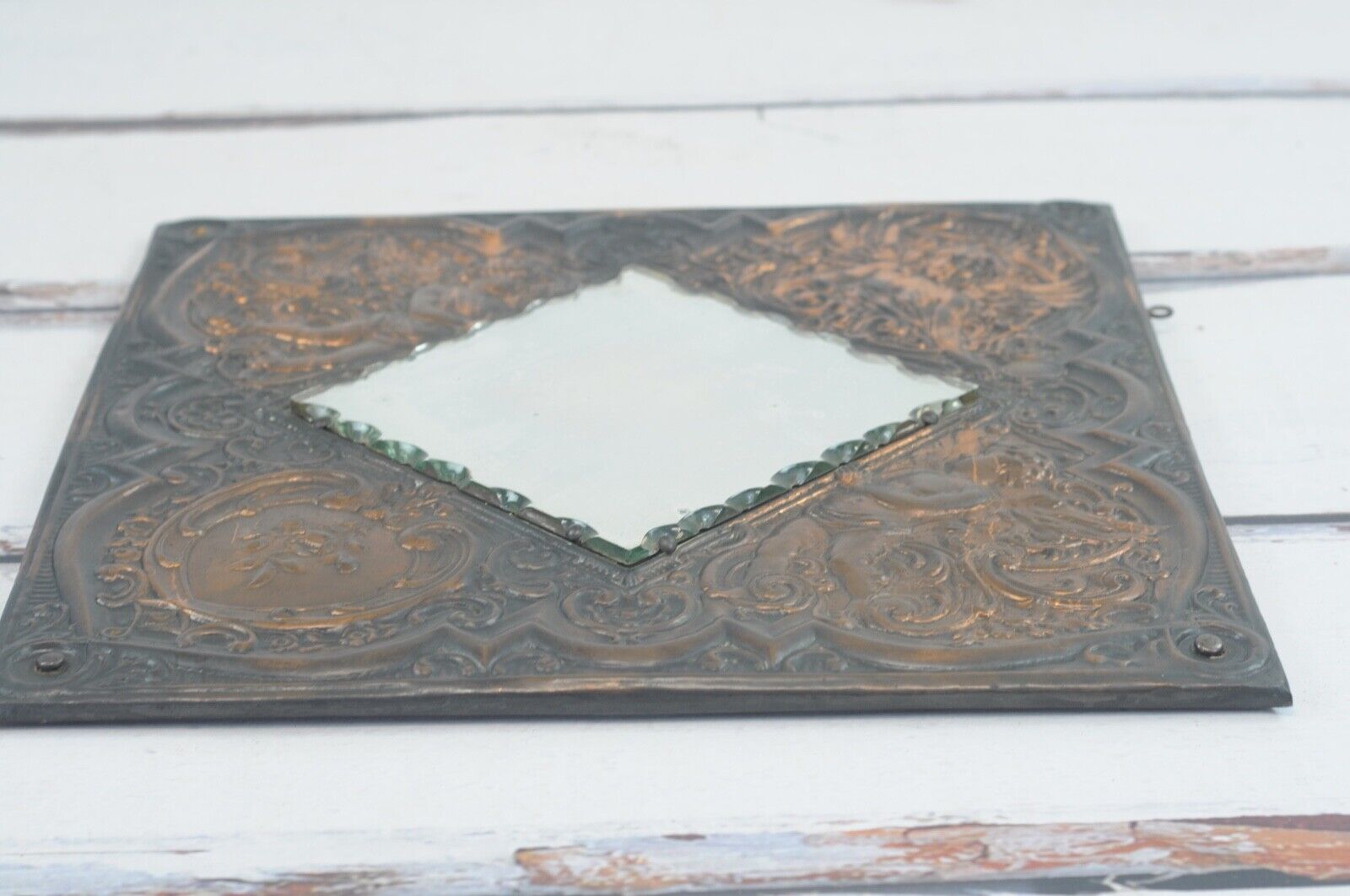 1800s Beveled Wall Mirror on Copper Plaque Cherubs