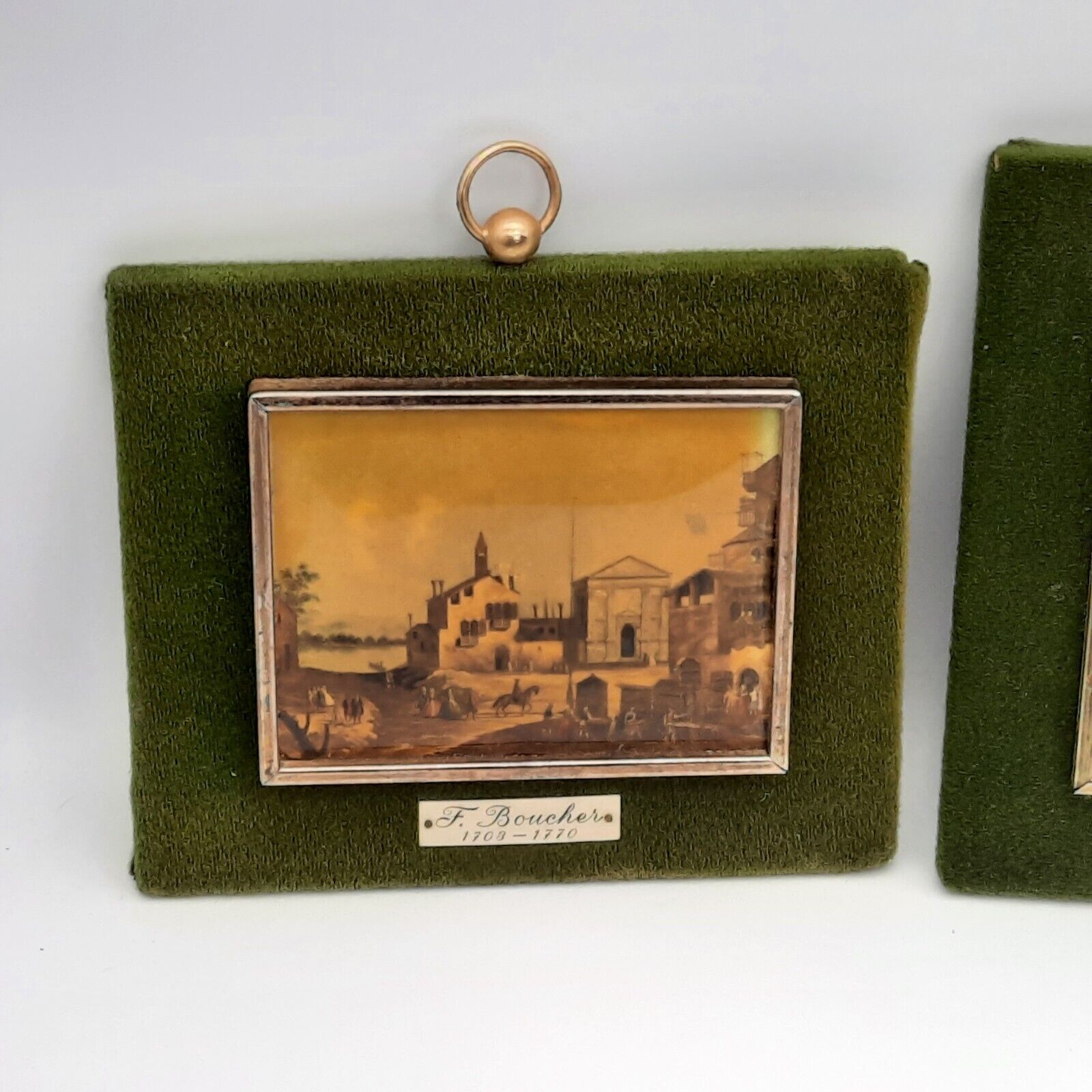 1700s Colored Prints in Green Felt Frames Trio