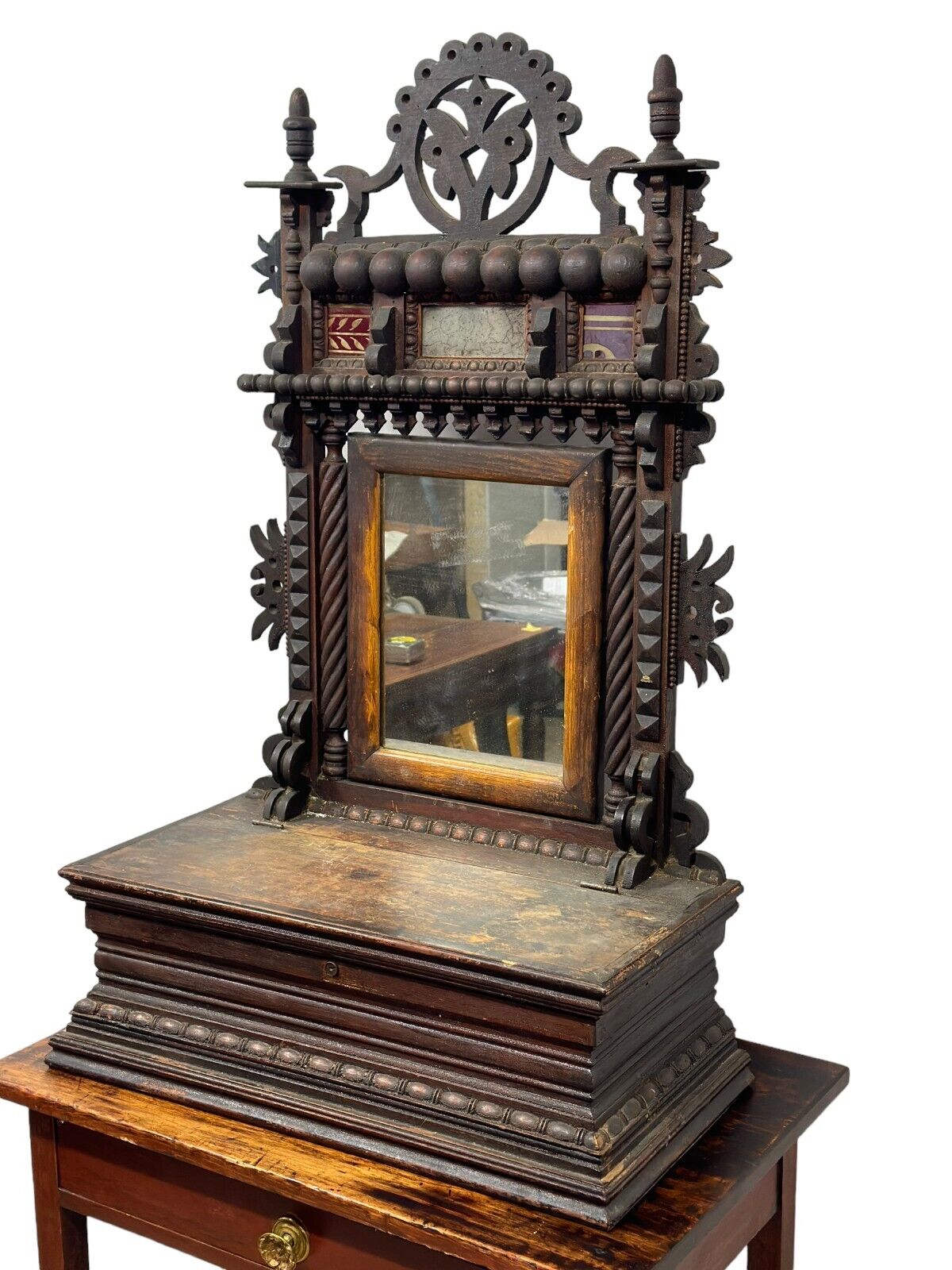 1800s Folk Art Tramp Art Style Shaving Mirror