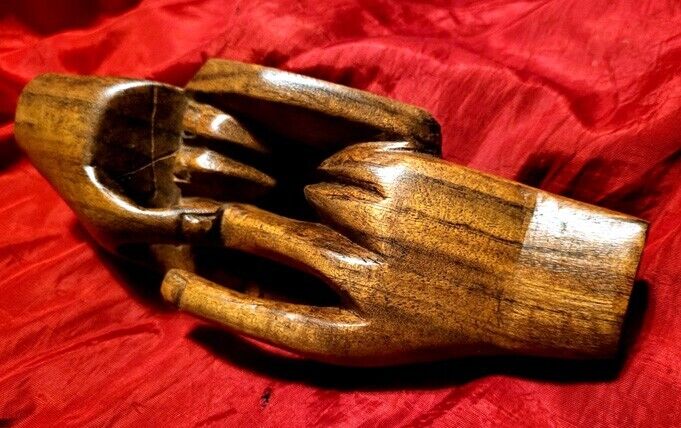 Rare Antique Secret Society Handshake Wood Sculpture—Occult Folk Art