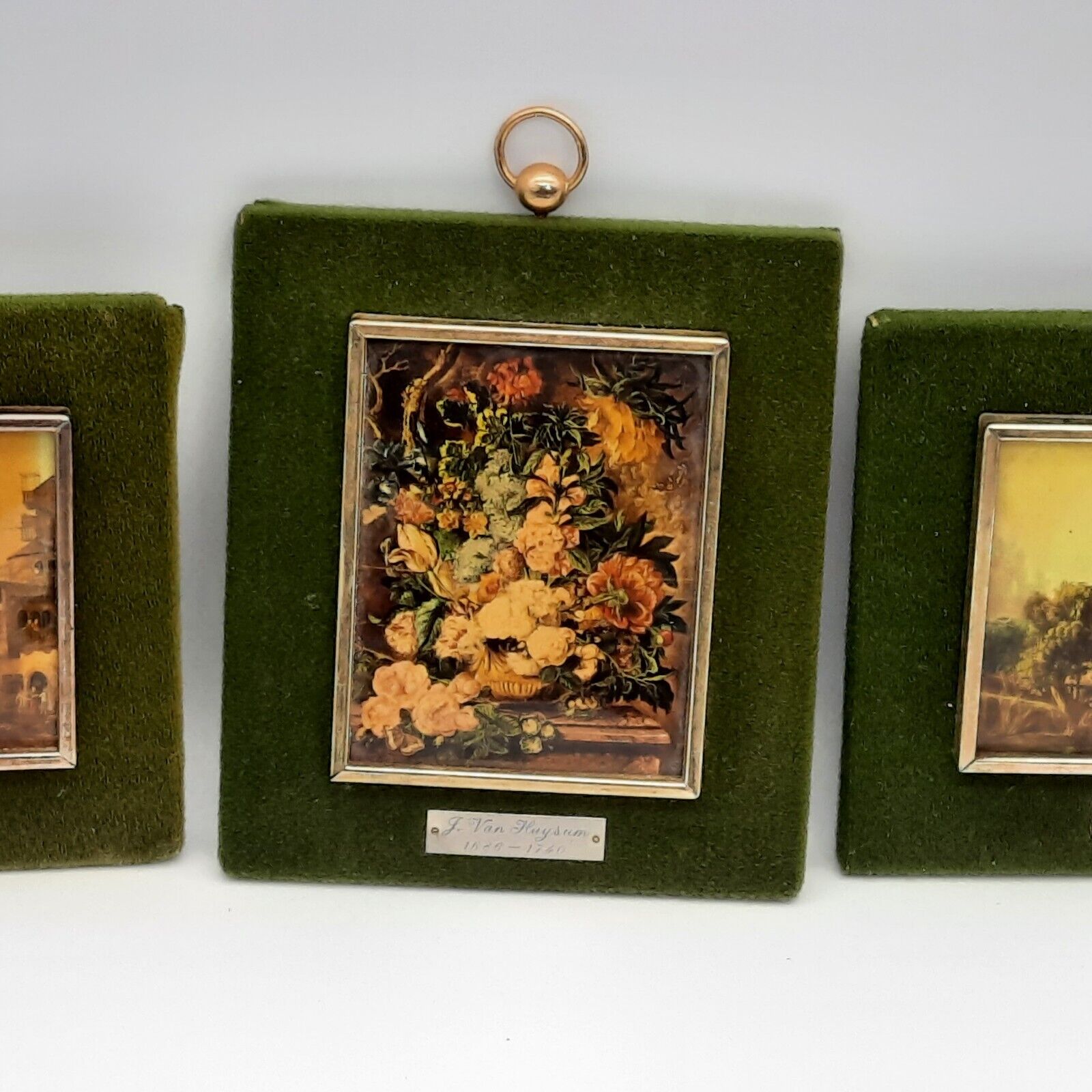 1700s Colored Prints in Green Felt Frames Trio