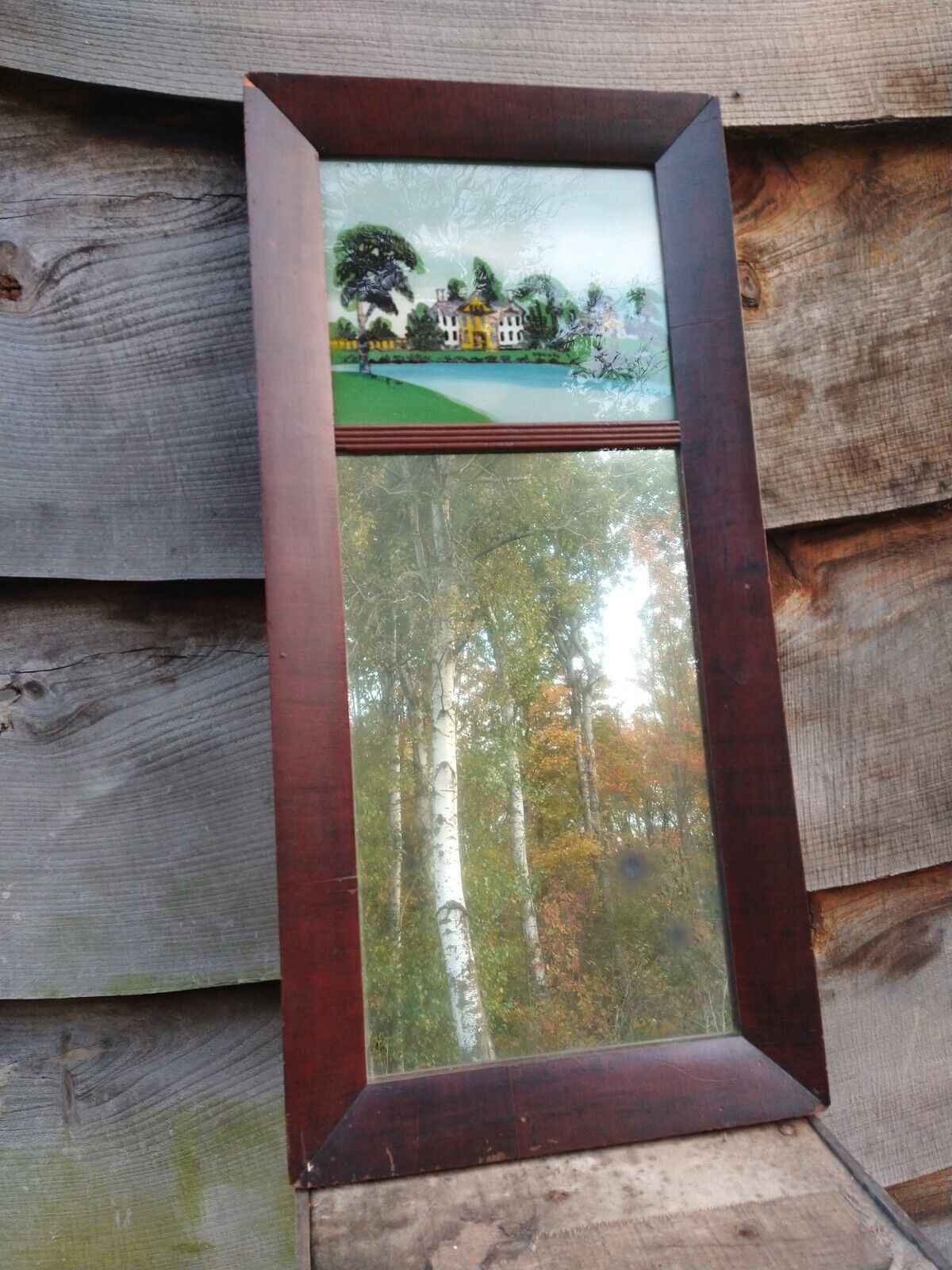 Vintage Split Column Mirror Reverse Painting, Mid 1800s