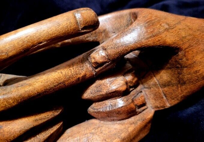 Rare Antique Secret Society Handshake Wood Sculpture—Occult Folk Art