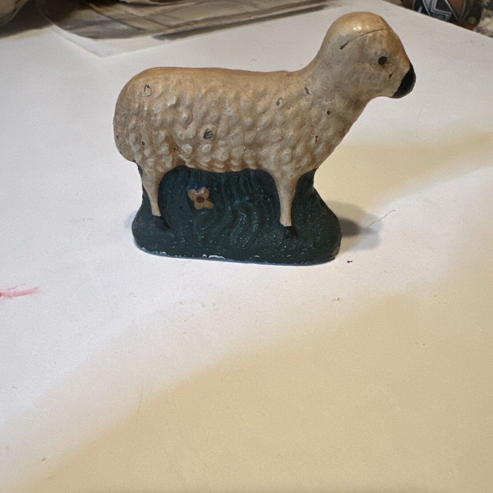 1900s Polychrome Painted Folk Art Sheep Figure Stand