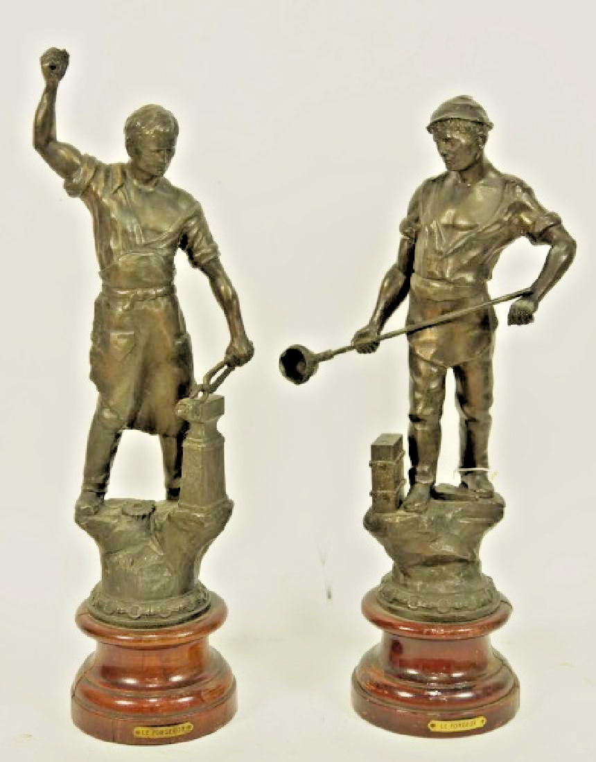 Pair of 1800's Patinated Spelter Blacksmith Sculptures