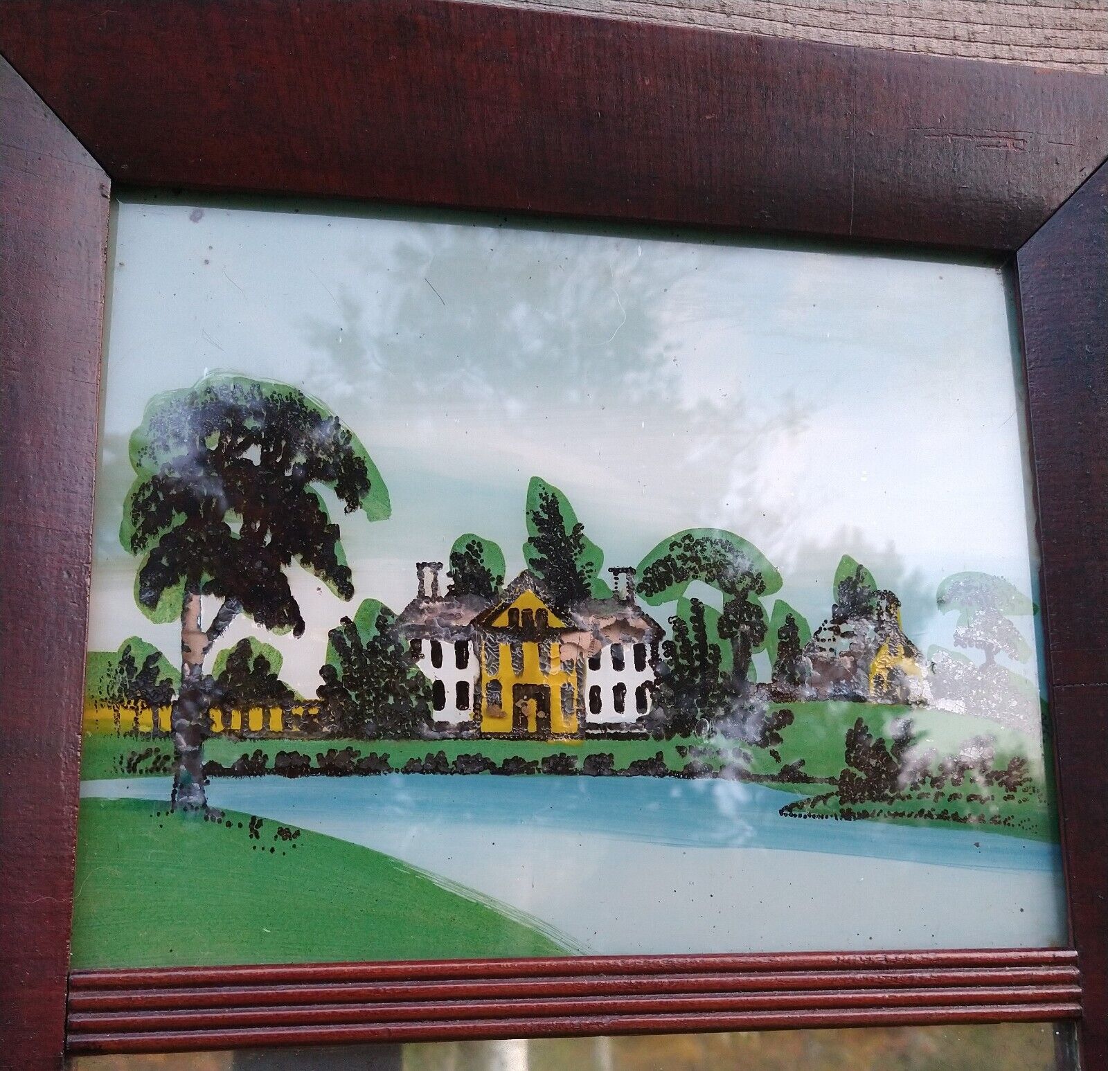 Vintage Split Column Mirror Reverse Painting, Mid 1800s