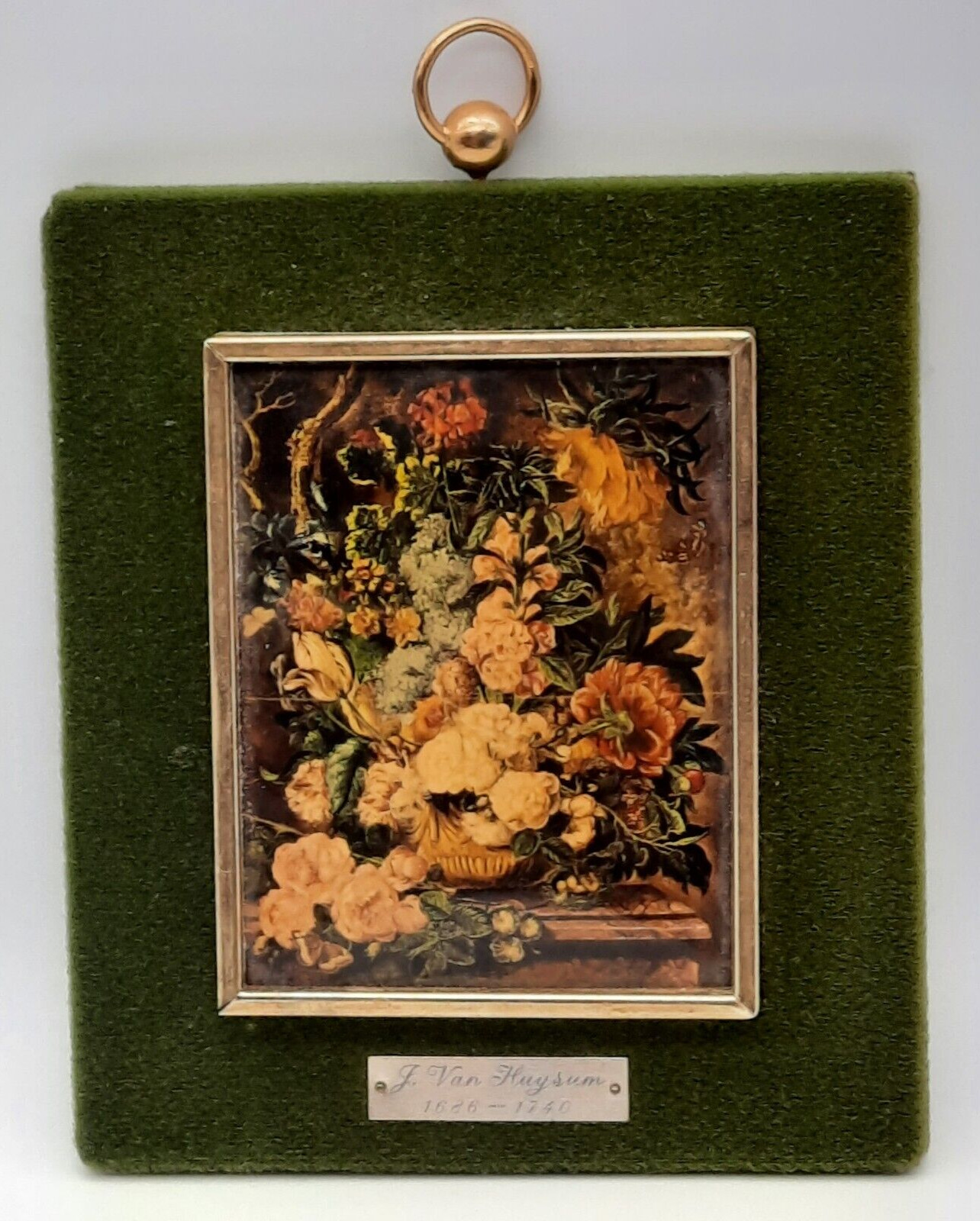 1700s Colored Prints in Green Felt Frames Trio