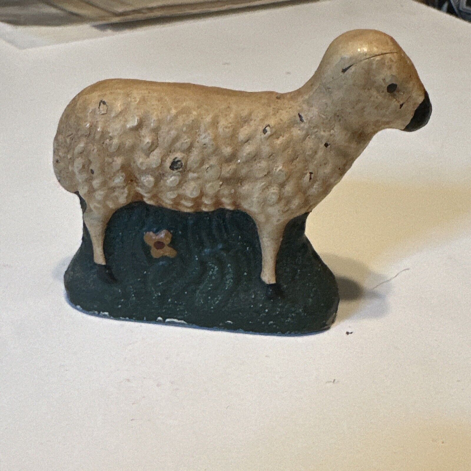 1900s Polychrome Painted Folk Art Sheep Figure Stand