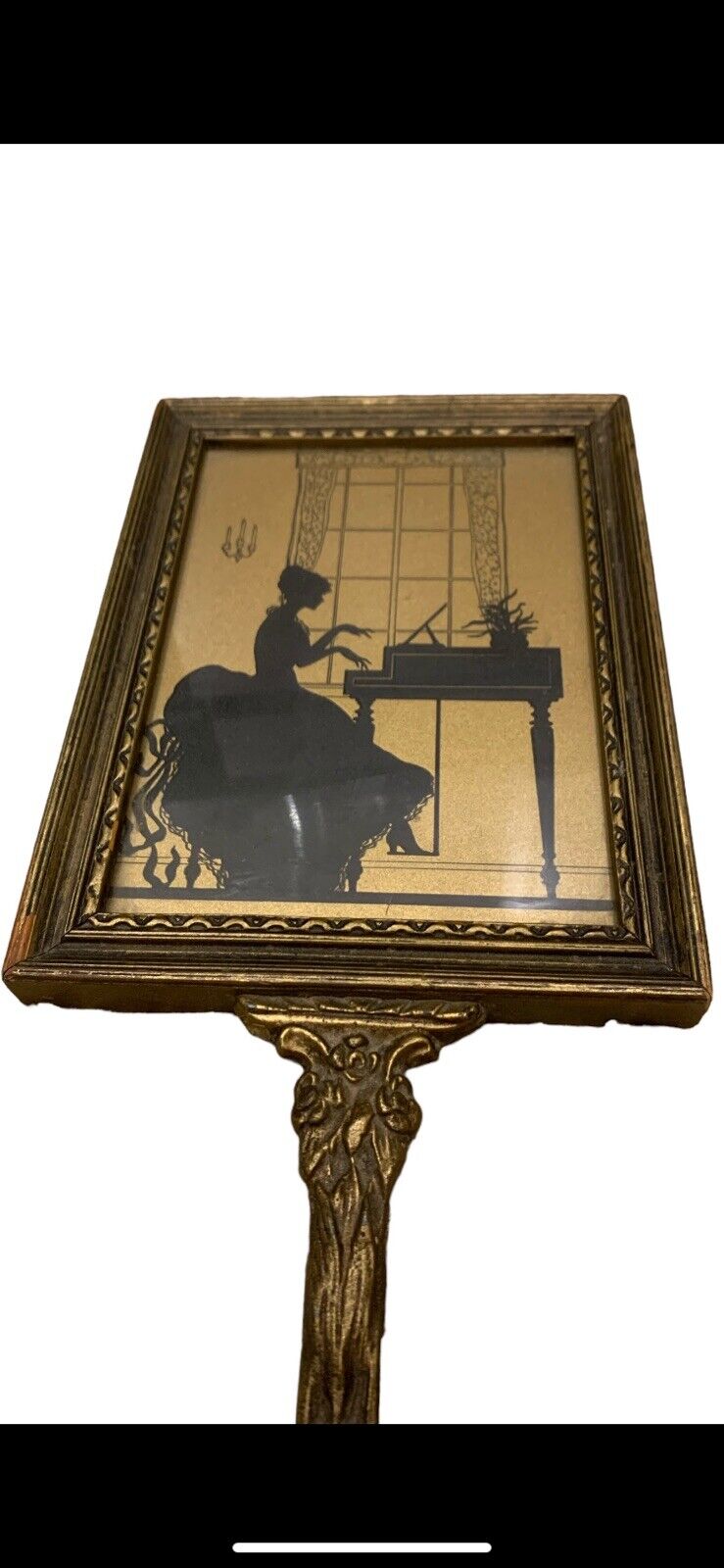 Late 1800's Victorian Brass Handle Mirror with Framed Picture