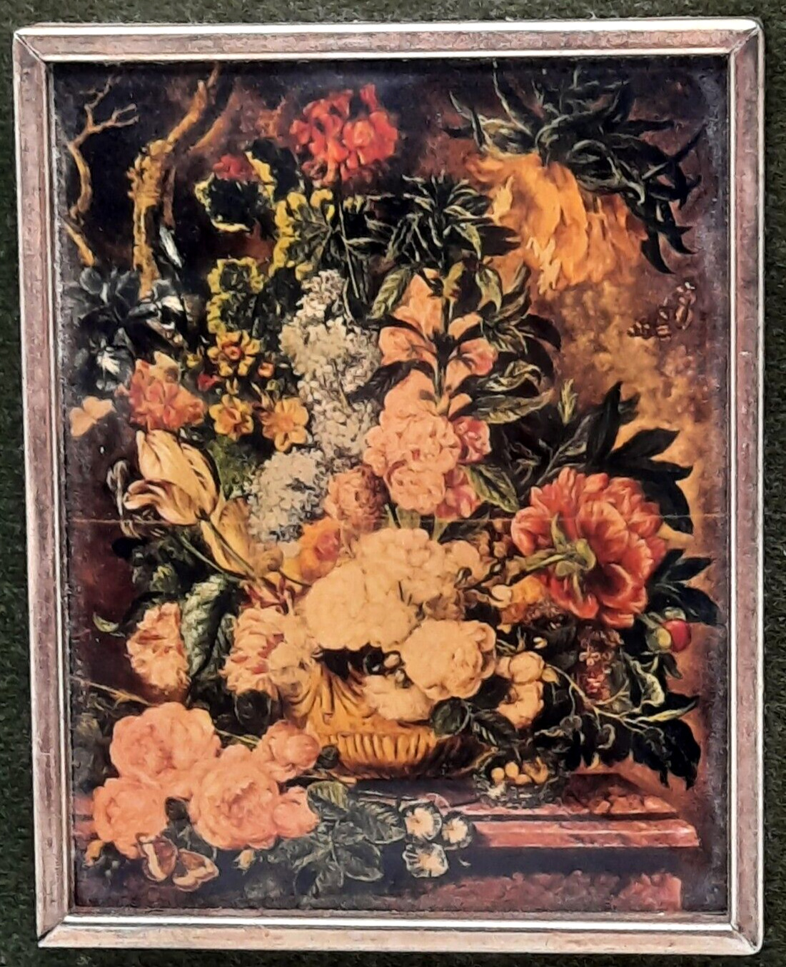 1700s Colored Prints in Green Felt Frames Trio