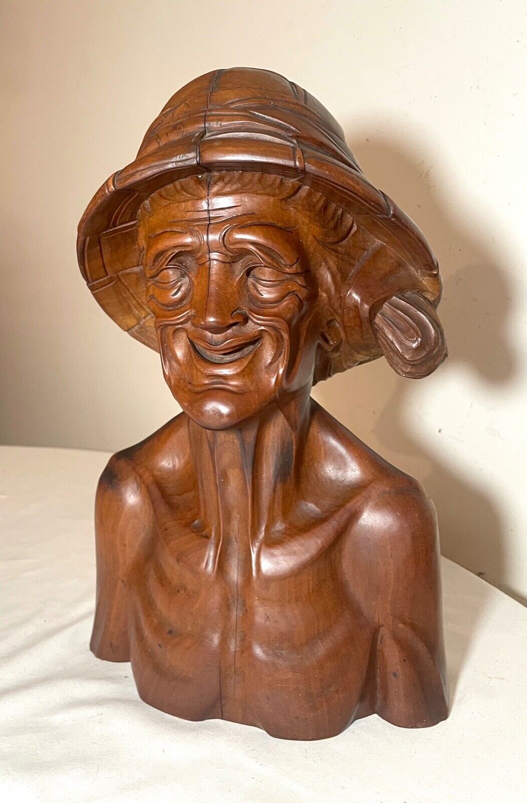 1800's hand carved wooden Japanese elder bust statue
