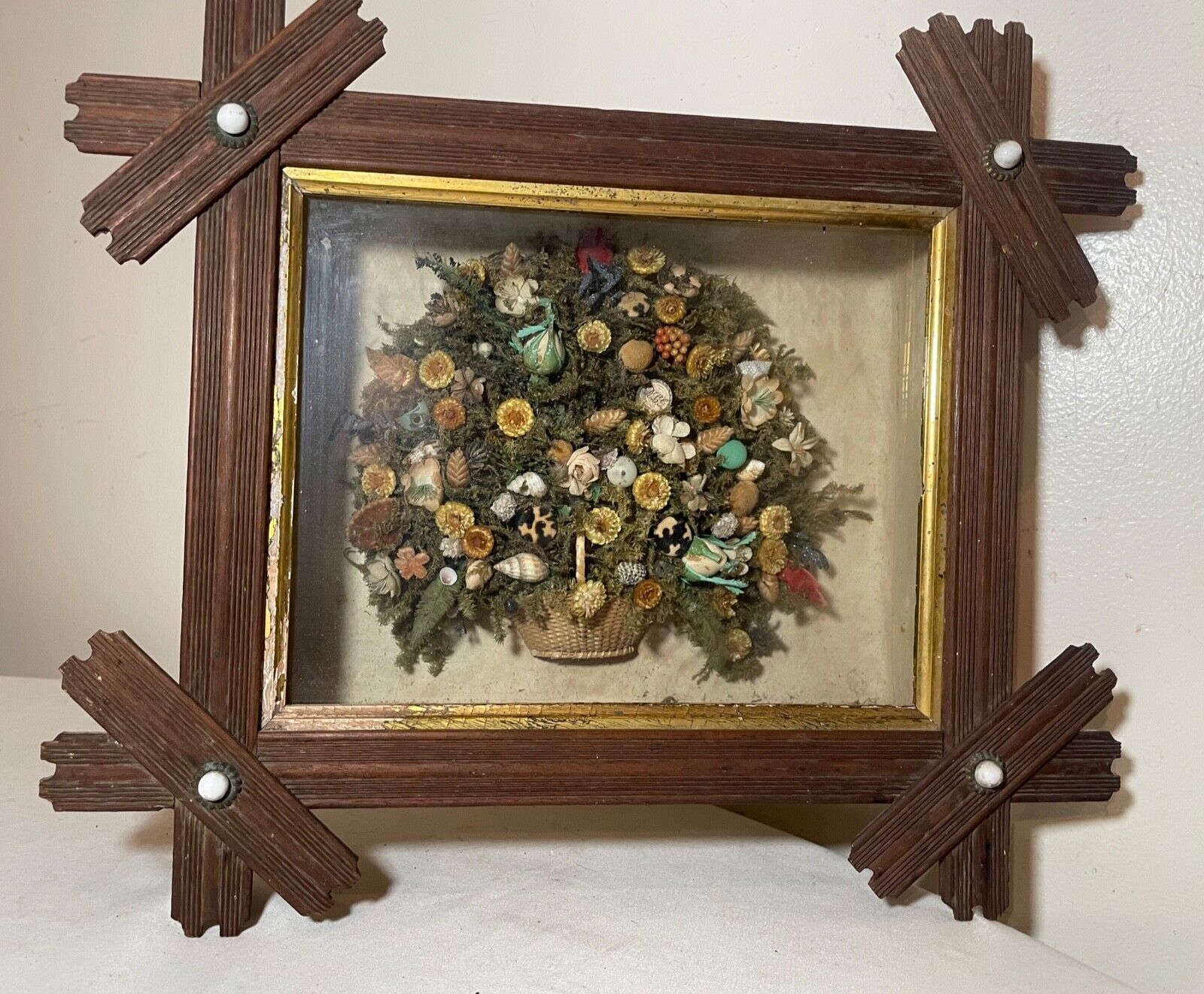 Rare Victorian folk art memorial shell bouquet sculpture
