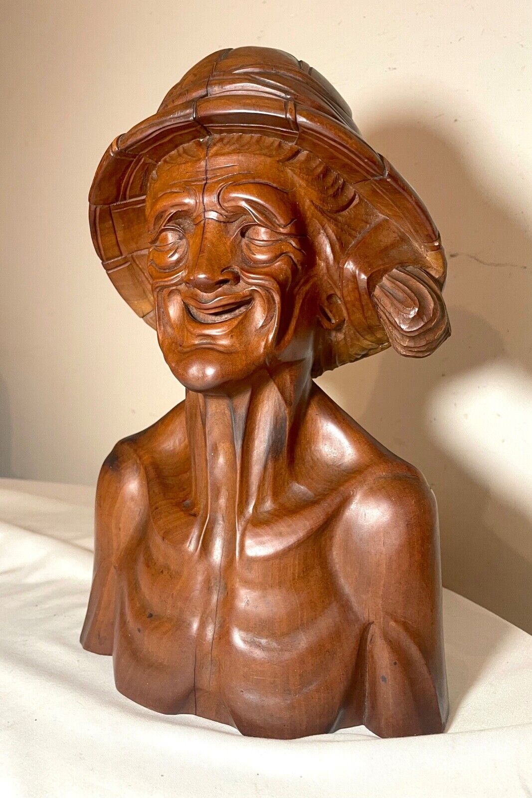 1800's hand carved wooden Japanese elder bust statue
