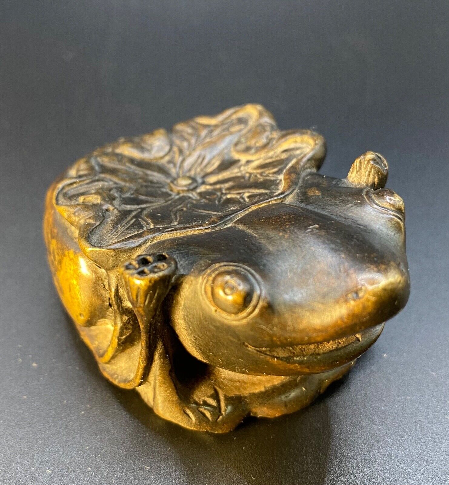 Antique Bronze Frog Lotus Paperweight - Stunning Artwork