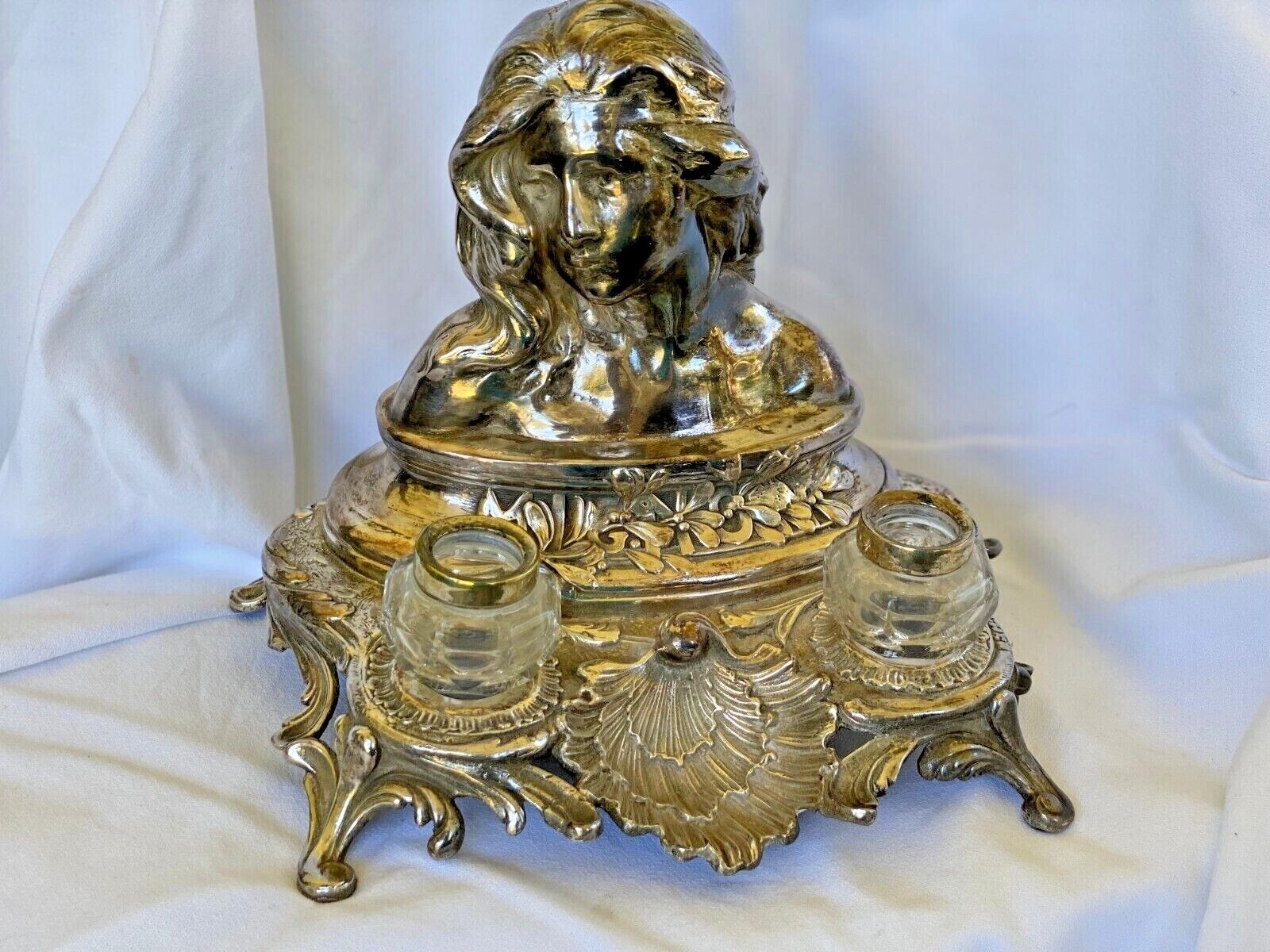 Antique Leon Mignon Sculptured Young Girl Bust Inkwells