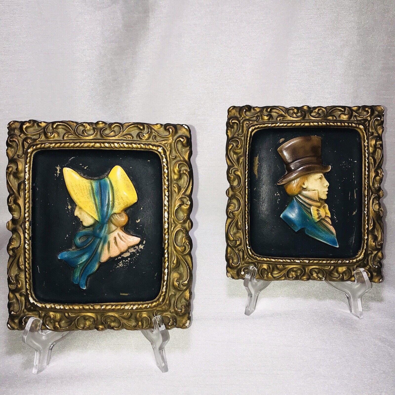 Vintage Chalkware Silhouette Plaques 1800s Man Woman Wall Art