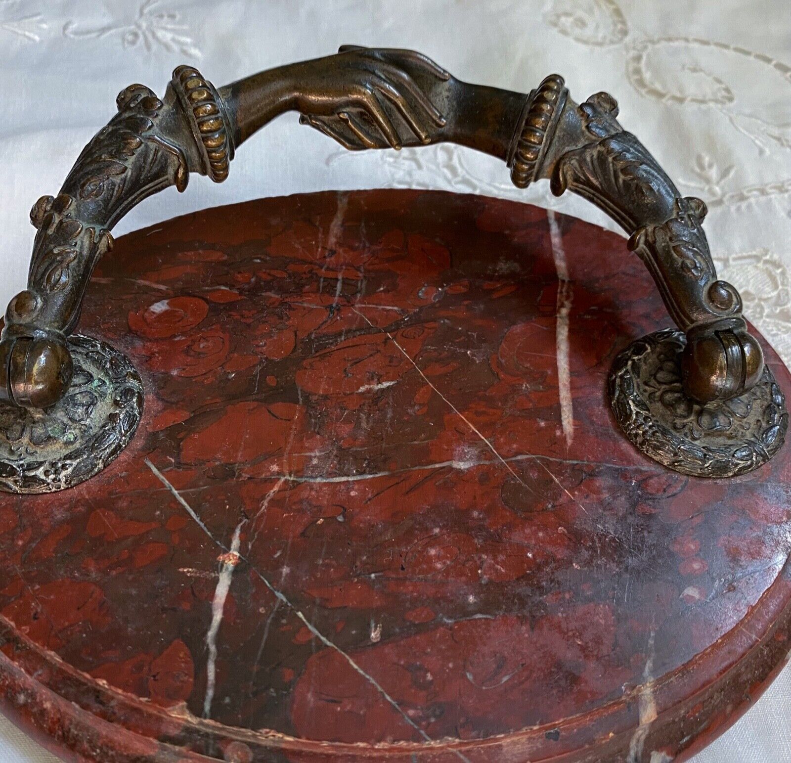 Bronze Hands Sculpture on Red Marble Base
