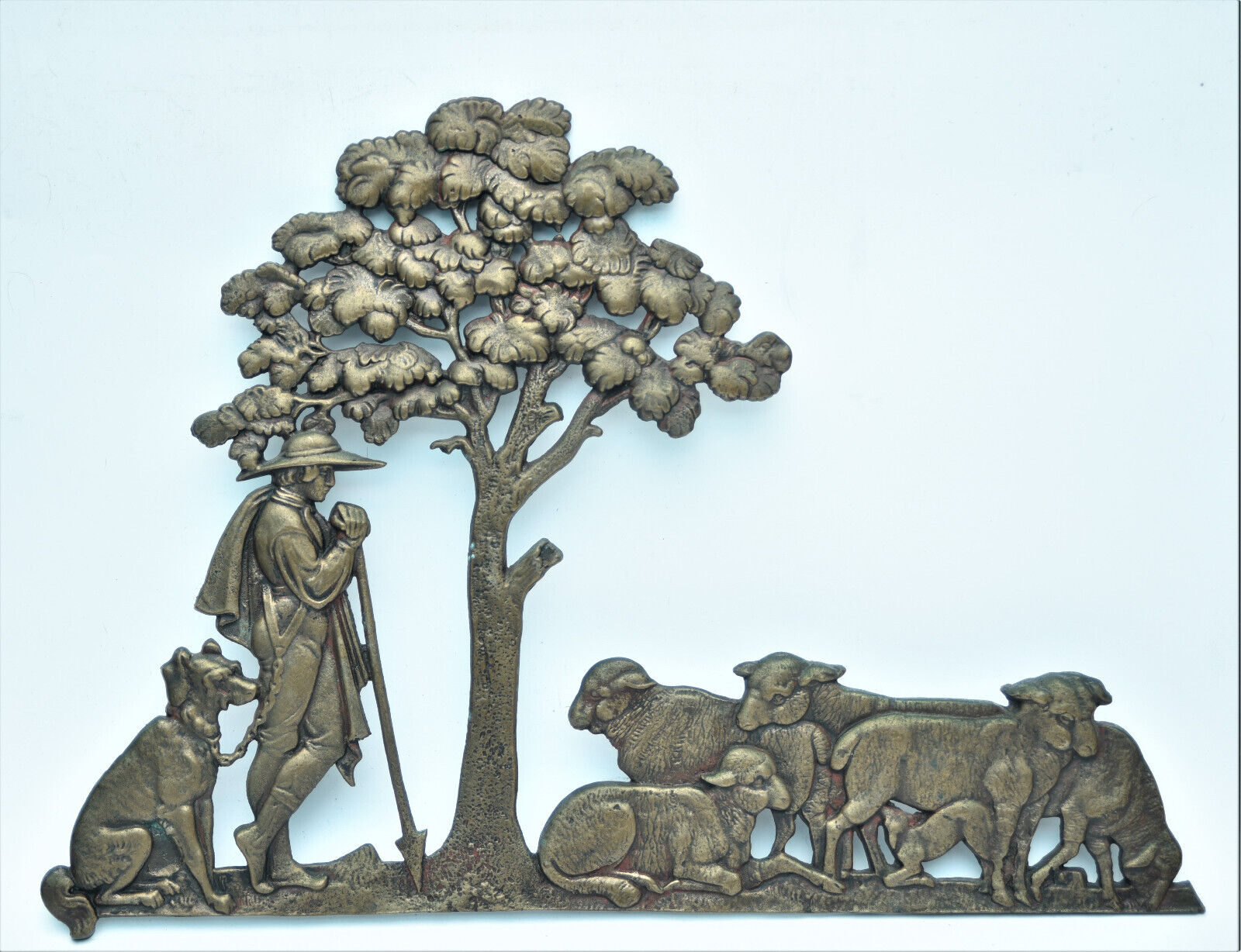 1800's Bronze Relief Sculpture: Man, Dog, Tree, Shepherd