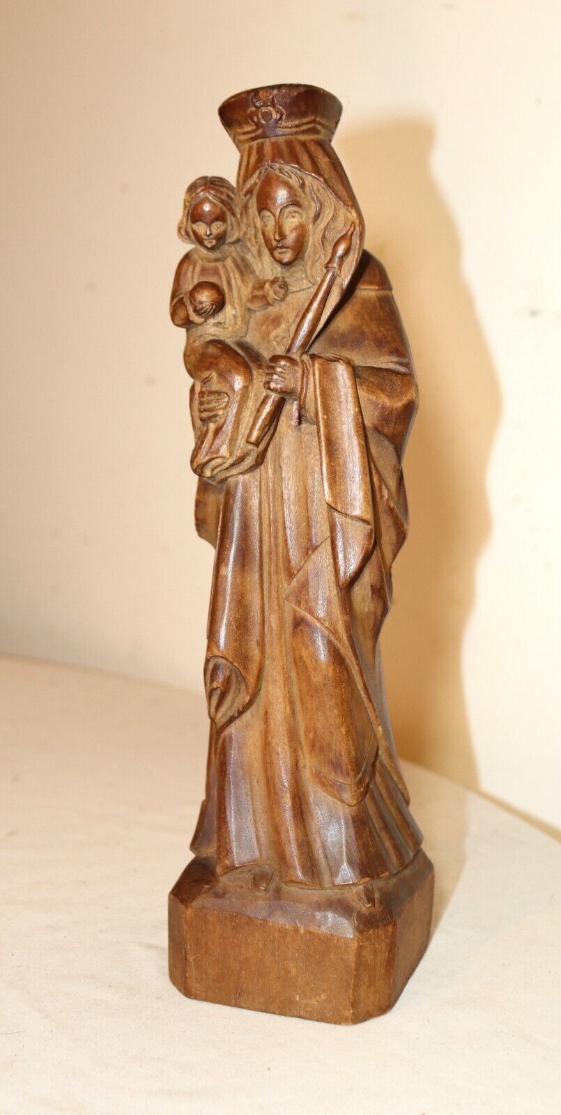 1800's hand carved wood religious Madonna Jesus sculpture