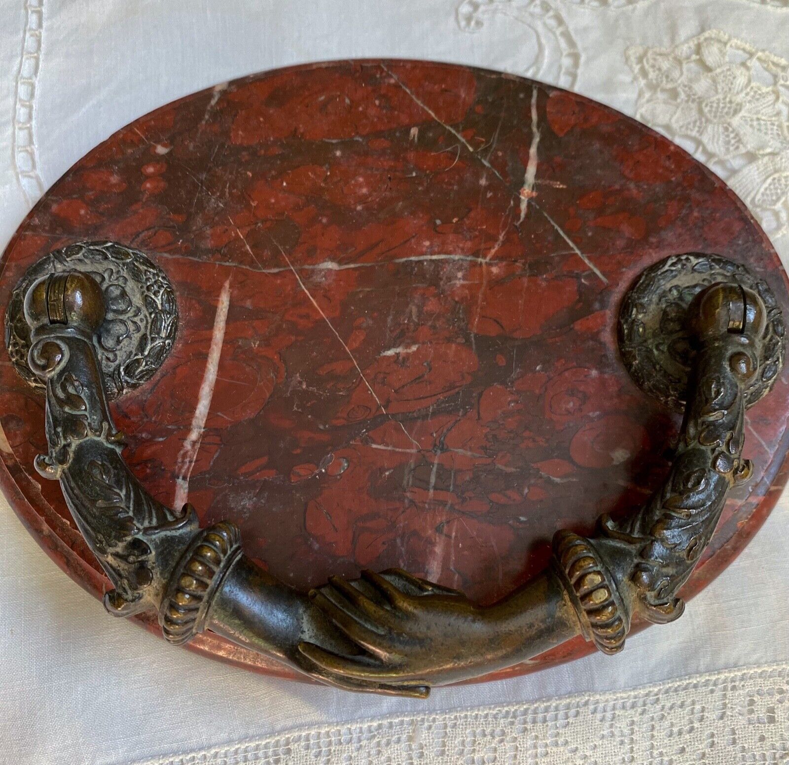 Bronze Hands Sculpture on Red Marble Base